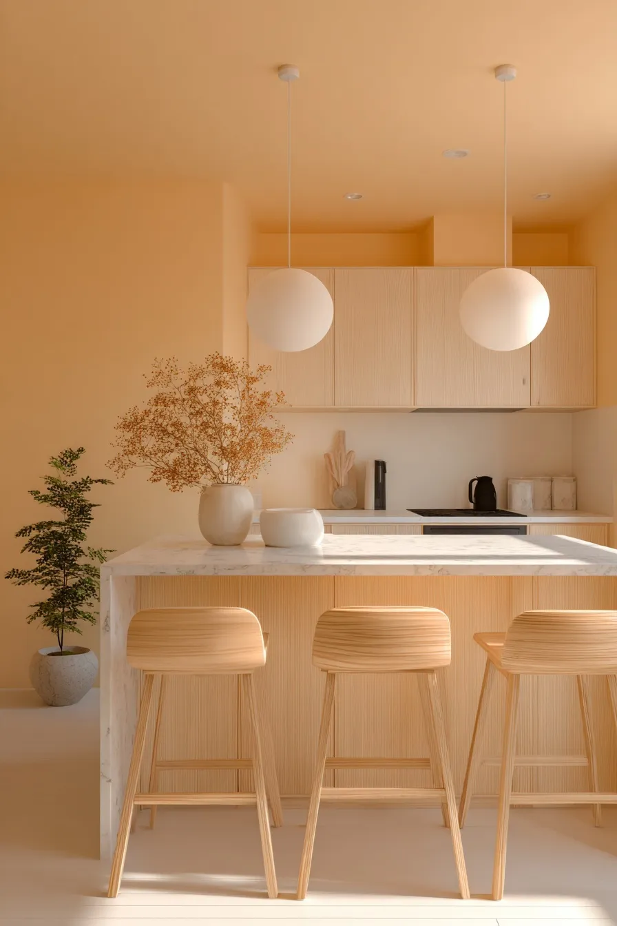 Modern minimalist kitchen interior with Japandi aesthetic and warm light orange tones.