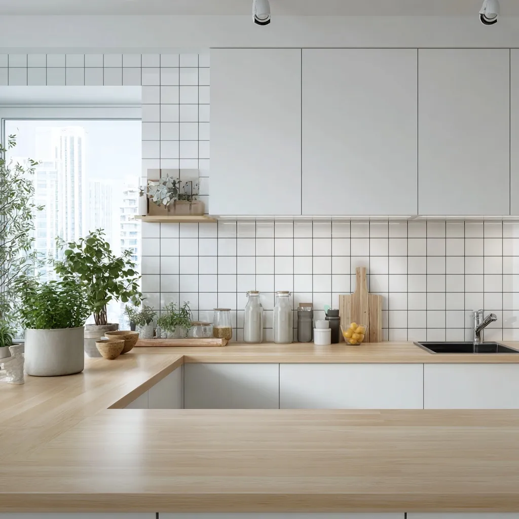 Minimalist small kitchen with white square tile backsplash, light wood counters, and soft natural daylight.
