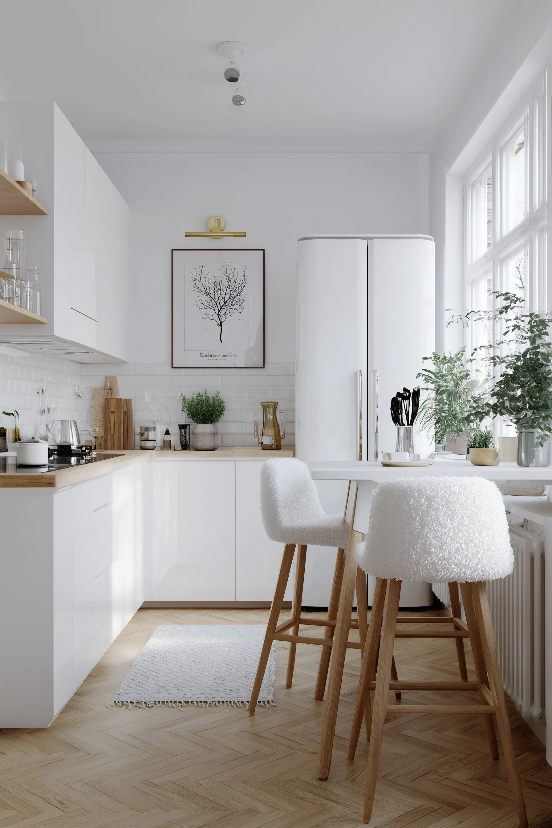 Minimalist small kitchen with Scandinavian furniture and cozy white hygge decor in an editorial style.