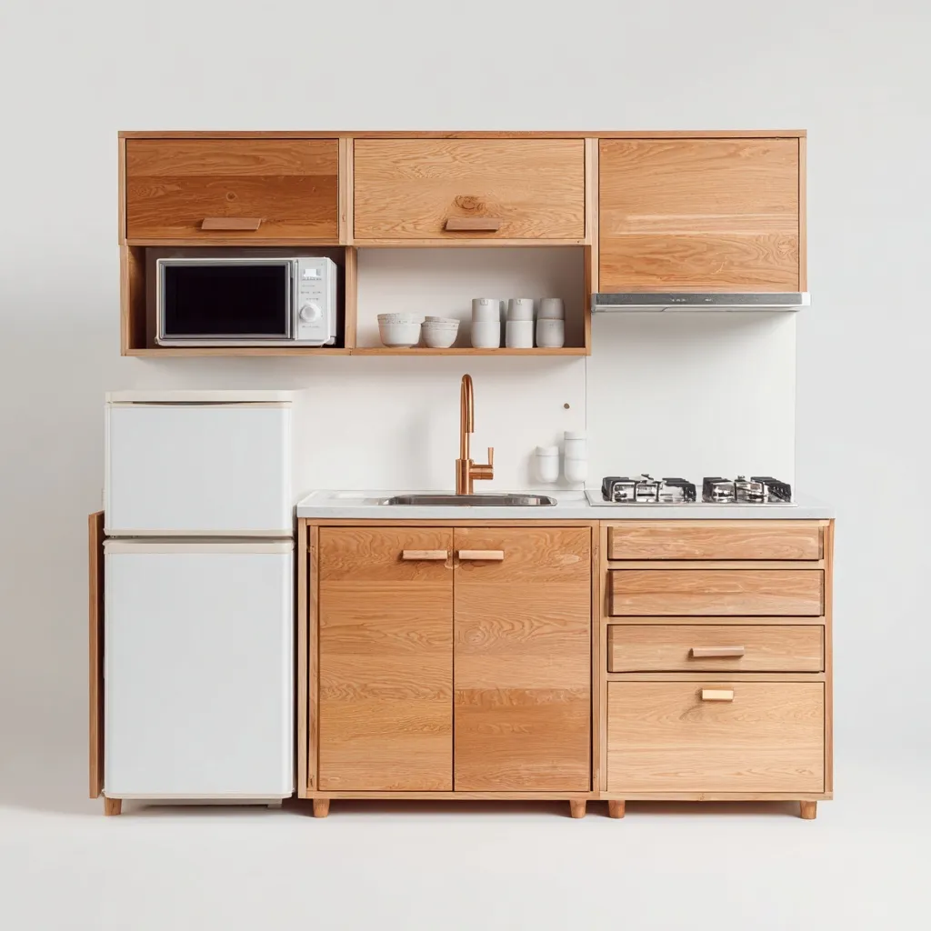 Minimalist small studio kitchen with wooden cabinets, stove, and sink against a plain white background.