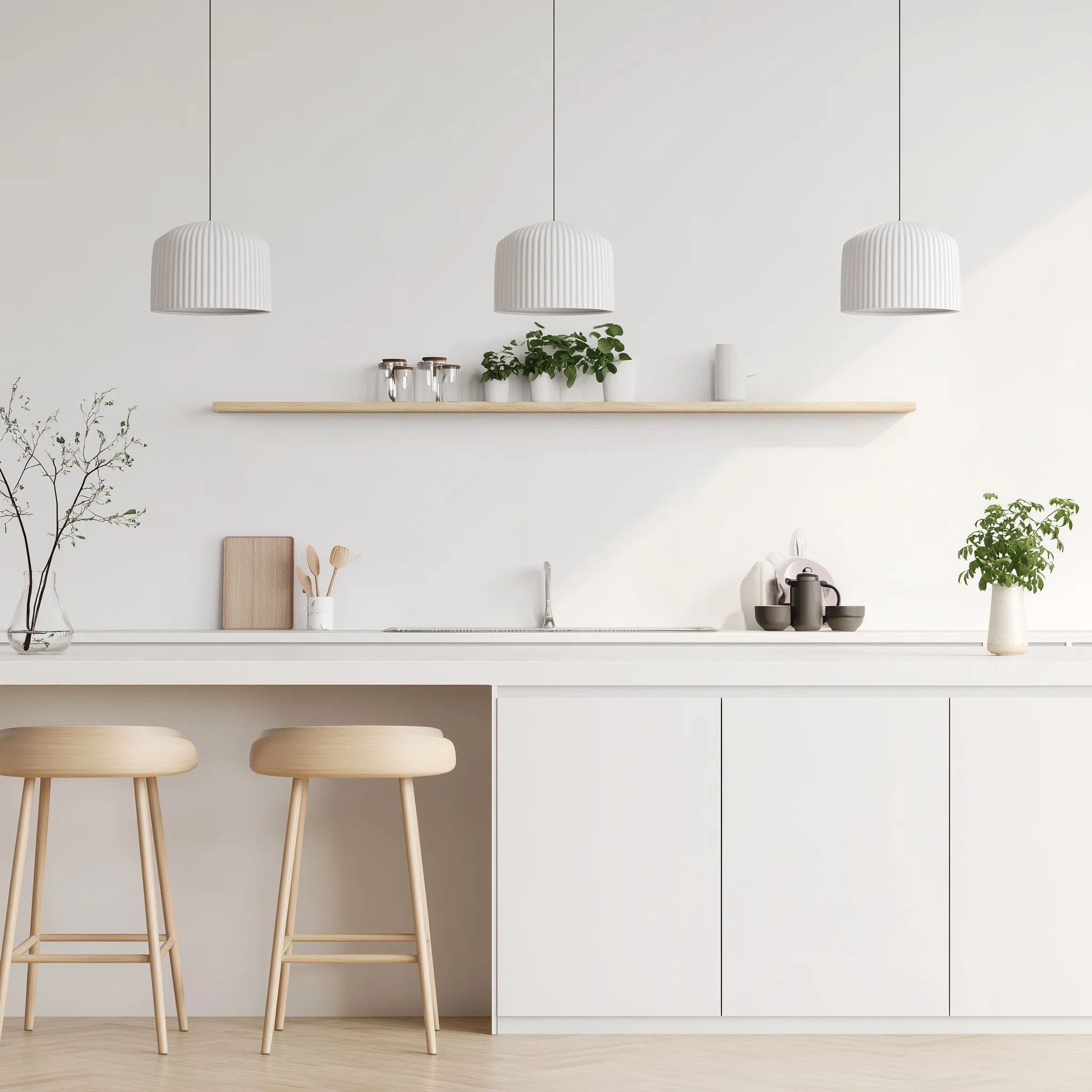 Modern minimalist small kitchen interior with a clean, premium aesthetic and bright lifestyle design.