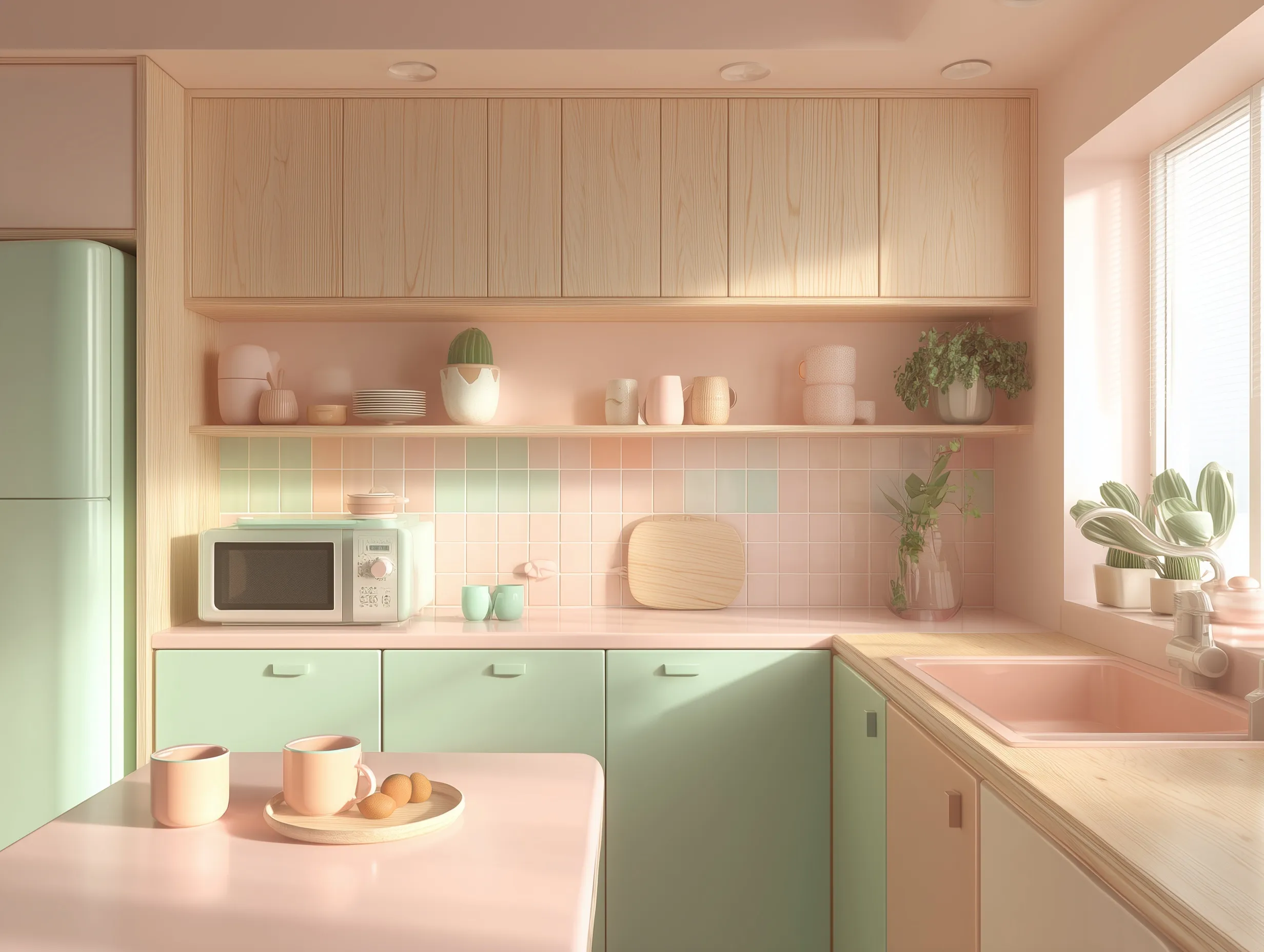 Minimalist kitchen interior with pastel mint green and blush pink accents, wooden cabinets, and soft cozy lighting.