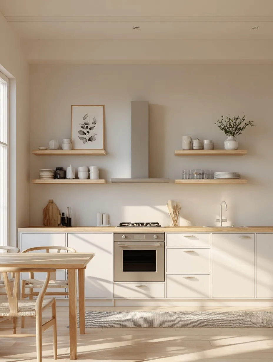 A bright, minimalist modern kitchen in a small apartment with white cabinets, wood countertops, and dining area.