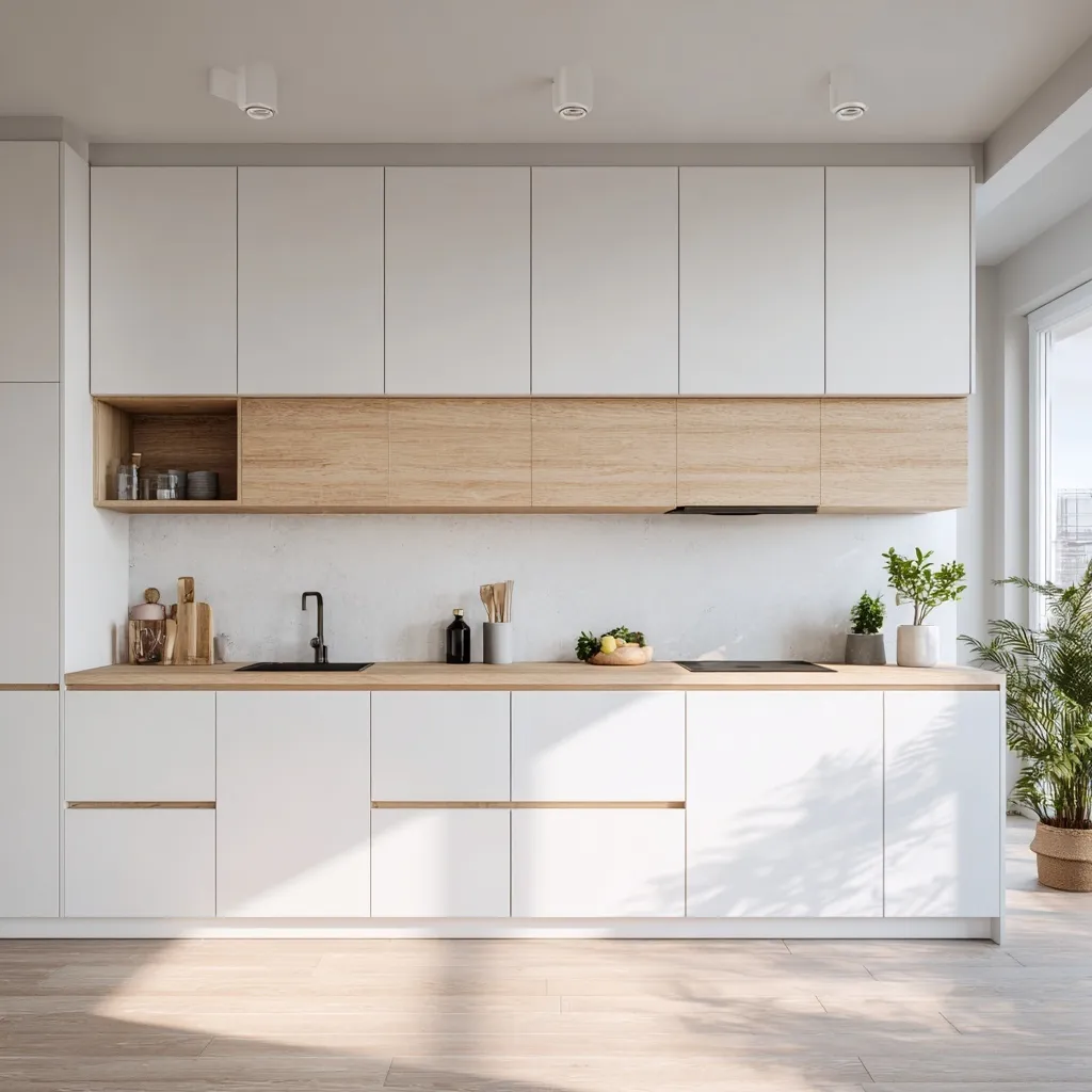 A bright, minimalist Scandinavian kitchen with matte white flat-panel cabinets and natural wood accents.