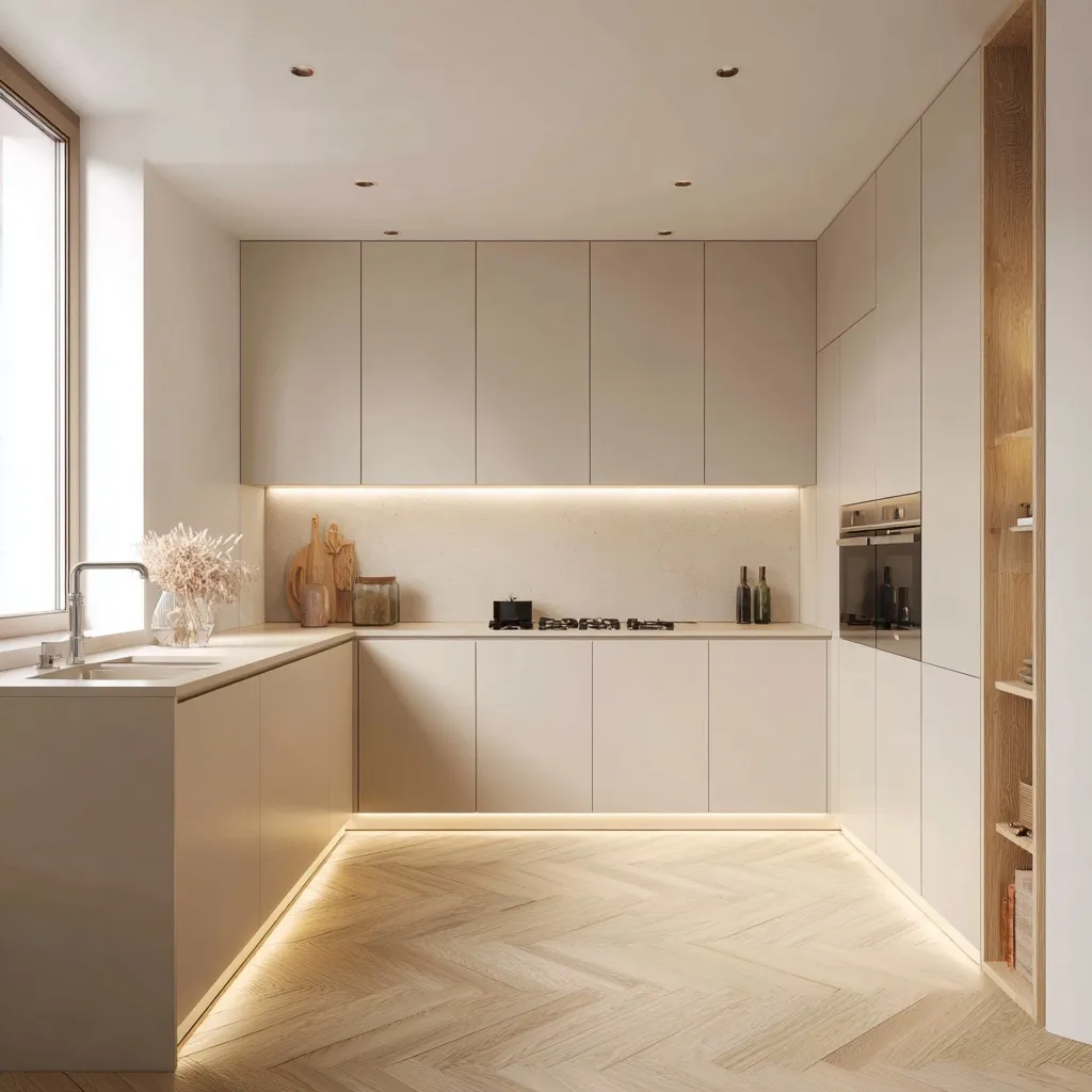 Modern minimalist kitchen with beige cabinetry, herringbone wood floors, and soft LED lighting in a sleek, clean space.