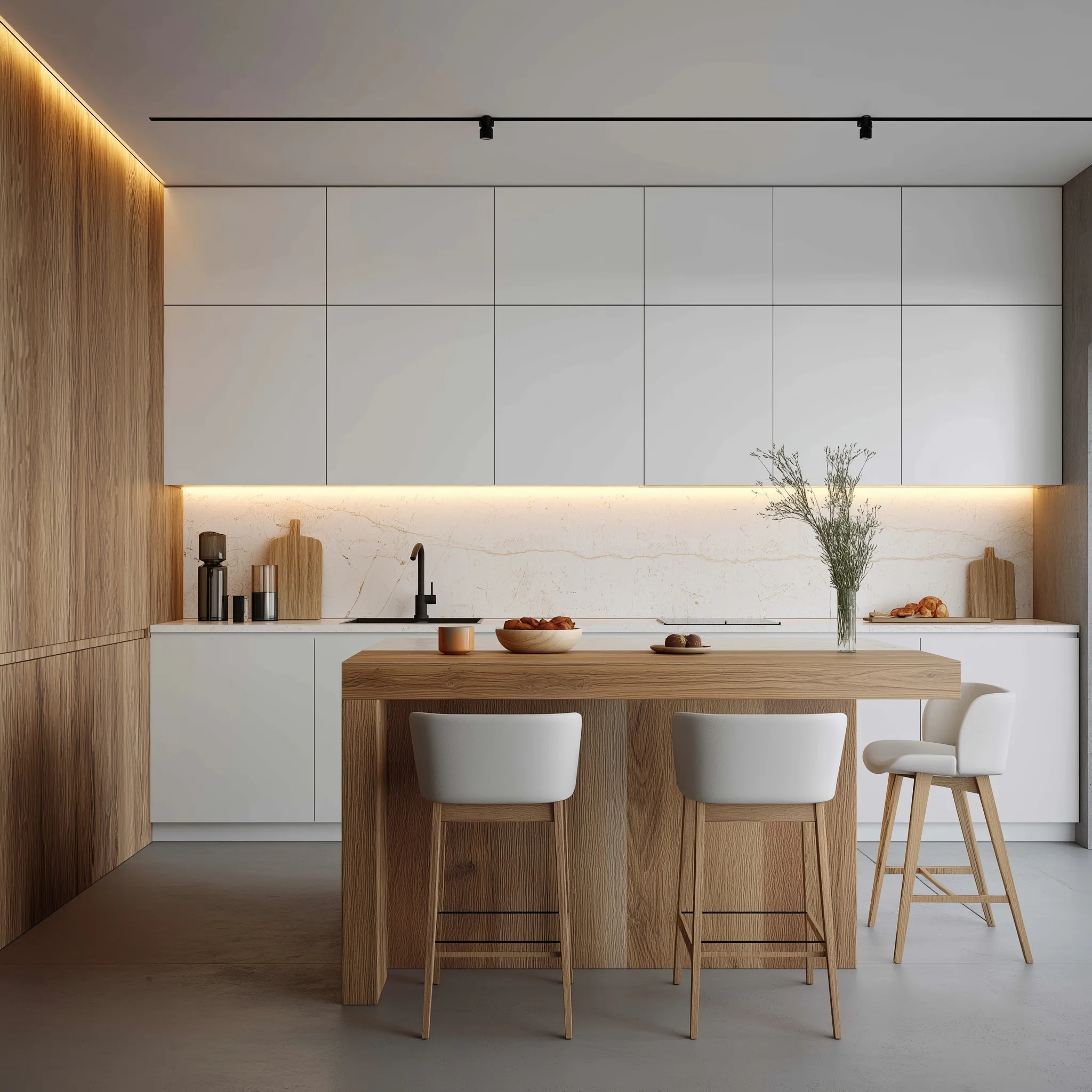 Modern minimalist small kitchen with white cabinets, wood wall panels, and warm ambient lighting.