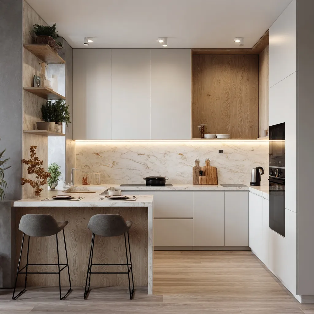 Modern minimalist small apartment kitchen with white and wood cabinets, bright lighting, and a functional layout.