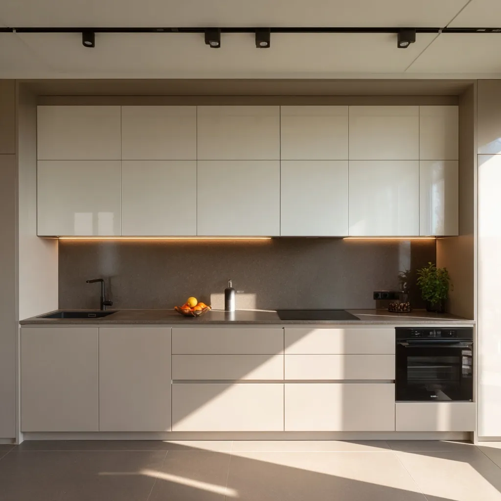 Modern minimalist small kitchen interior with cashmere cabinets, dark quartz countertop, and warm natural lighting.