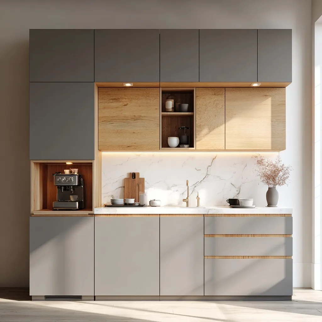 Modern minimalist small kitchen with matte gray cabinets, light wood accents, and LED lighting in a showroom.