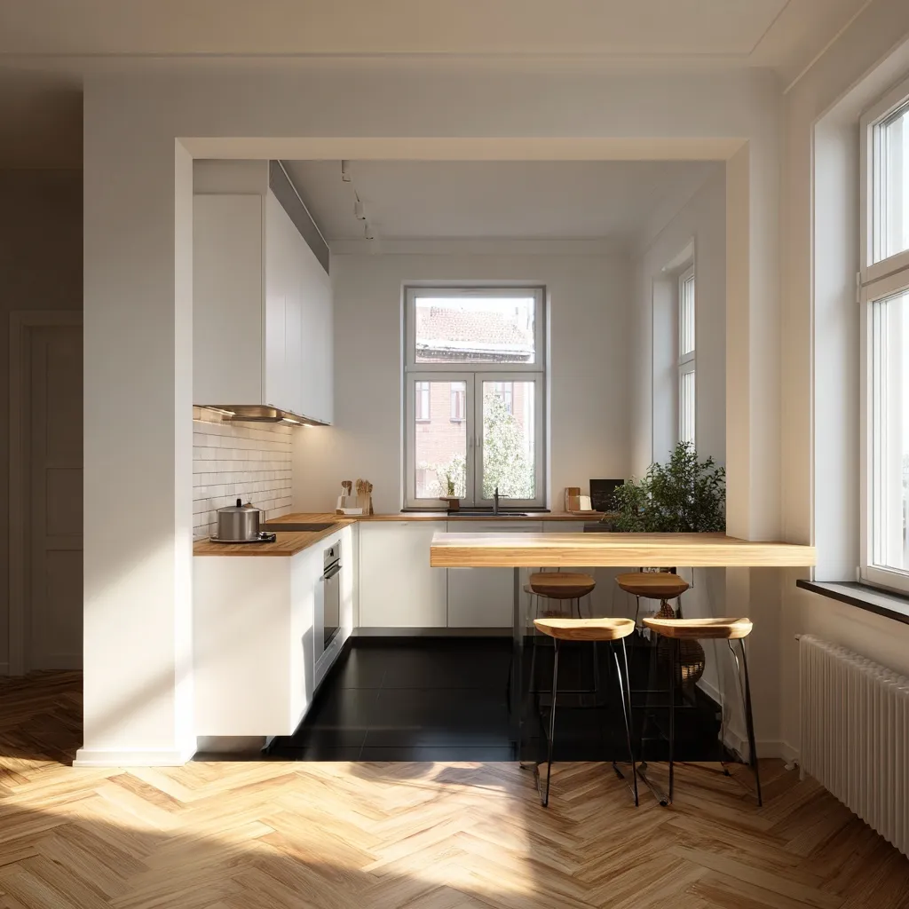 Modern minimalist U-shaped kitchen with white cabinets, wooden bar counter, and black flooring in an open floor plan.