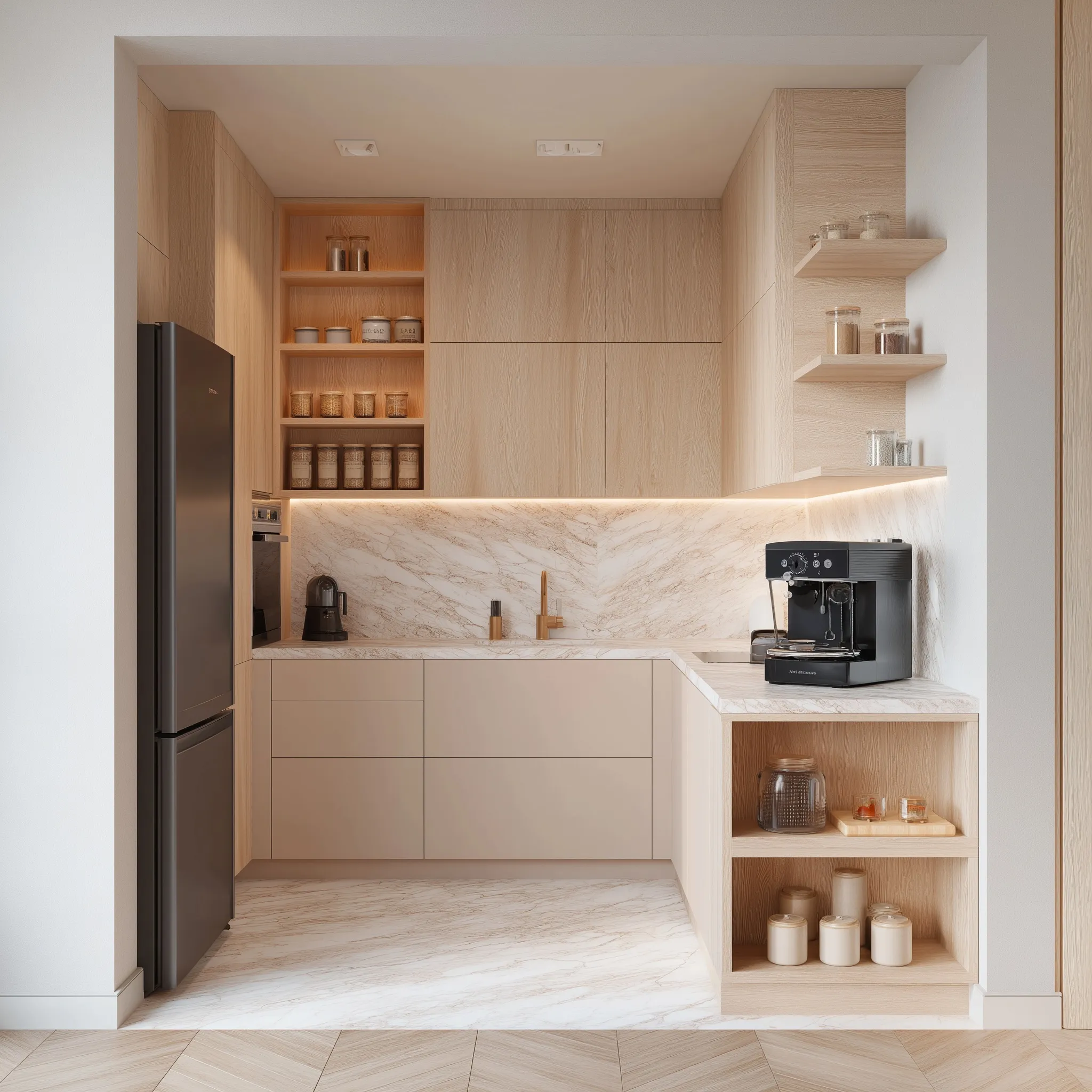 Modern minimalist pantry with beige cabinetry, light oak wood shelves, and neutral Japandi-style interior design.