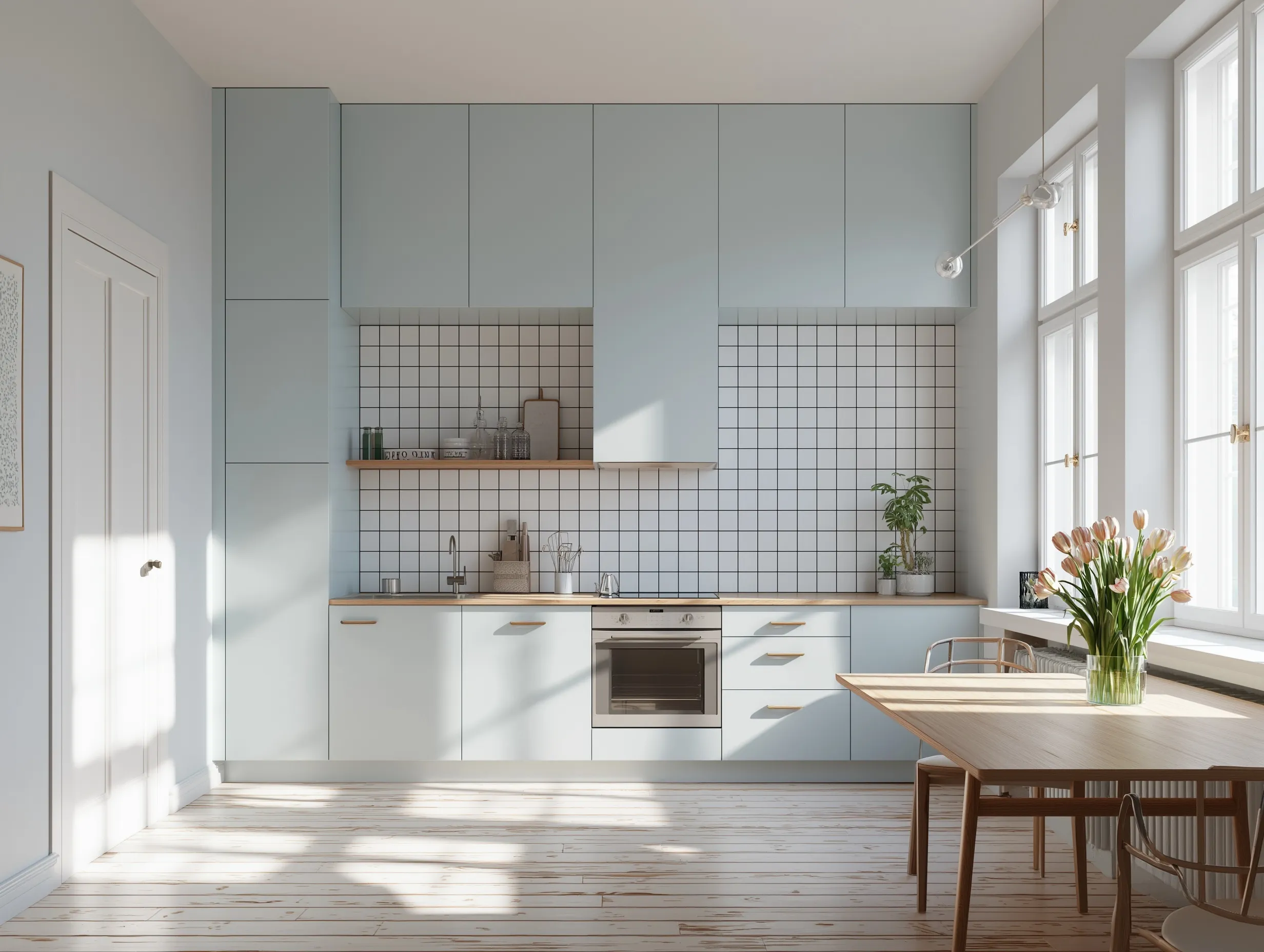 Modern minimalist small kitchen with pastel blue cabinets, white tile backsplash, and wooden accents in natural light.