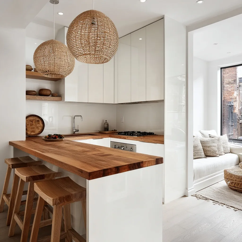 Minimalist L-shaped small kitchen with white cabinetry, wood peninsula, and Japandi interior design decor.