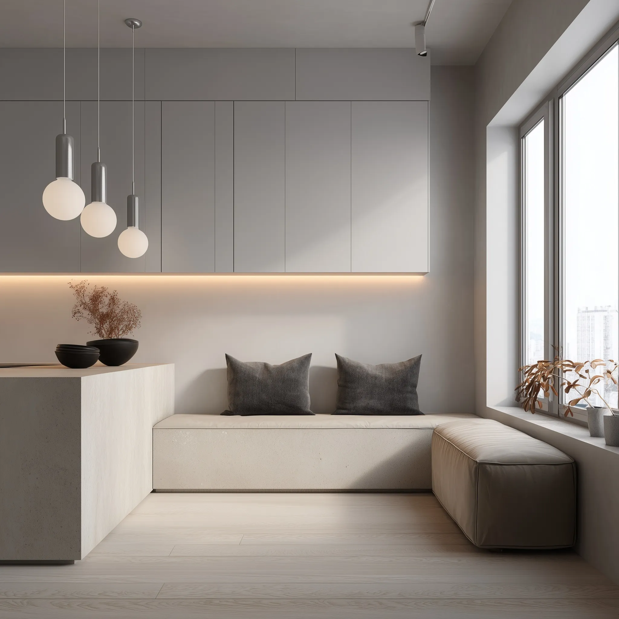 Modern minimalist small kitchen interior with a clean grey and white aesthetic in a realistic photo.