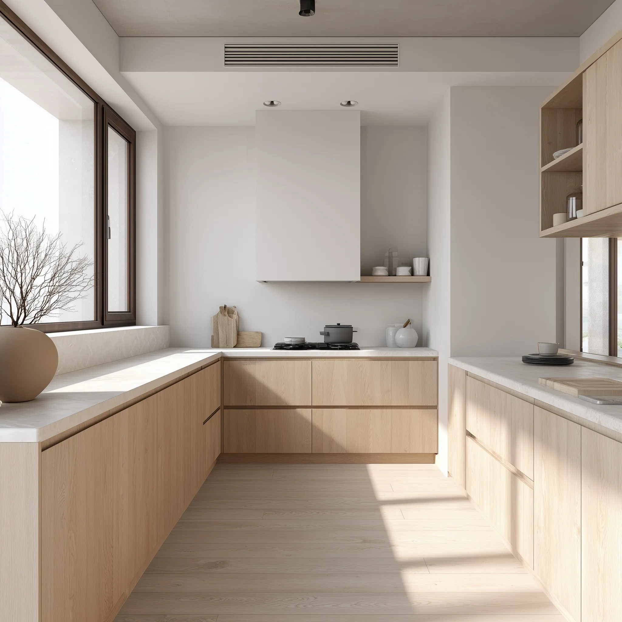 Modern minimalist small kitchen with light wood cabinets, clean white walls, and natural sunlight.