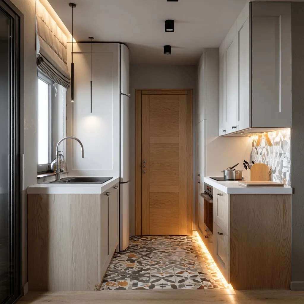 Minimalist small apartment kitchen with wood-look tiles, white cabinets, and modern indirect lighting.