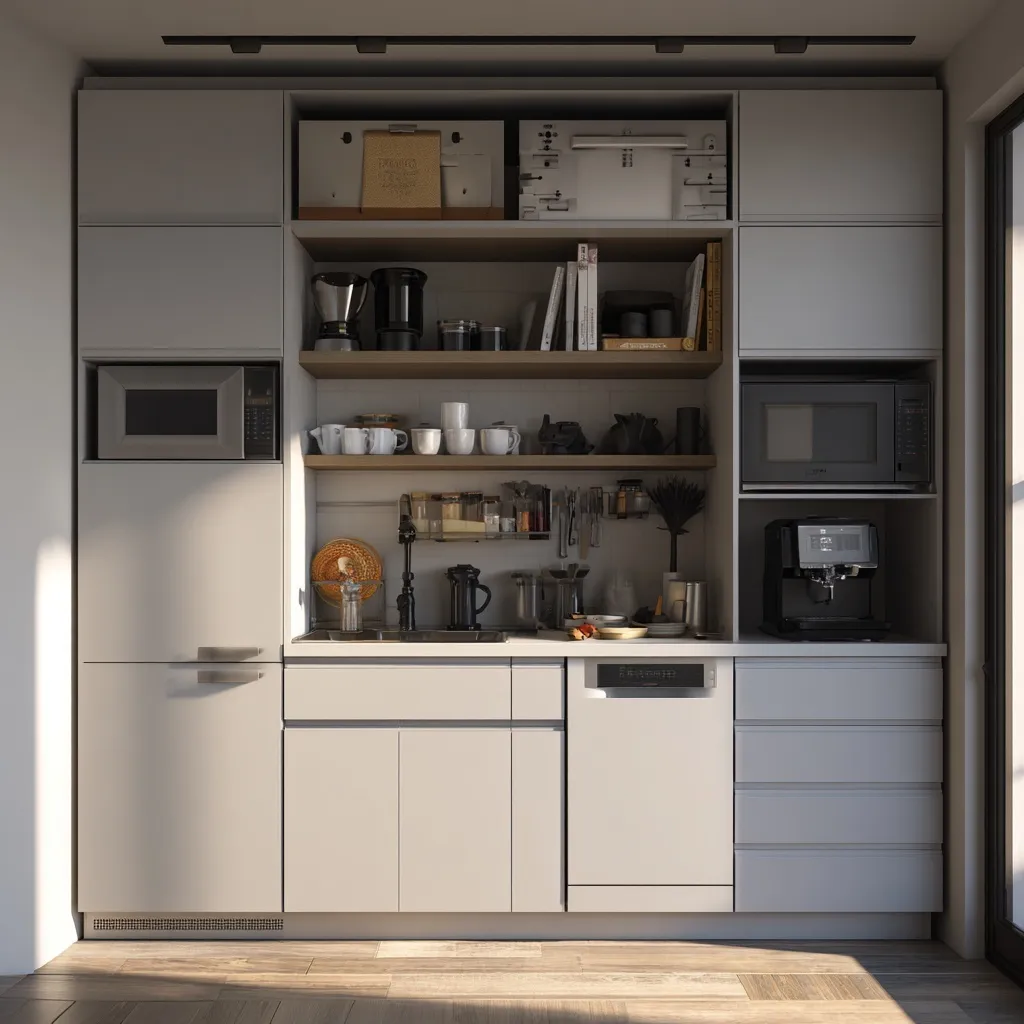Minimalist small apartment kitchen featuring functional cabinets and smart storage solutions in a bright aesthetic.