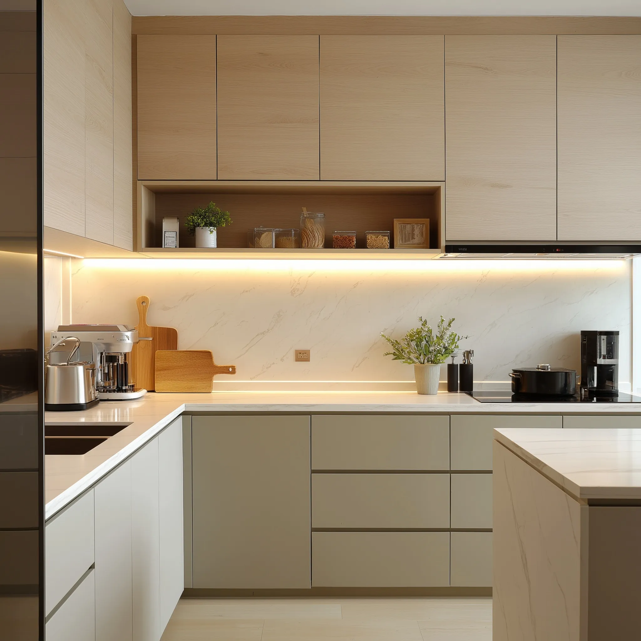 Minimalist Japandi kitchen in a Singapore HDB with light wood cabinetry, quartz countertops, and warm ambient lighting.