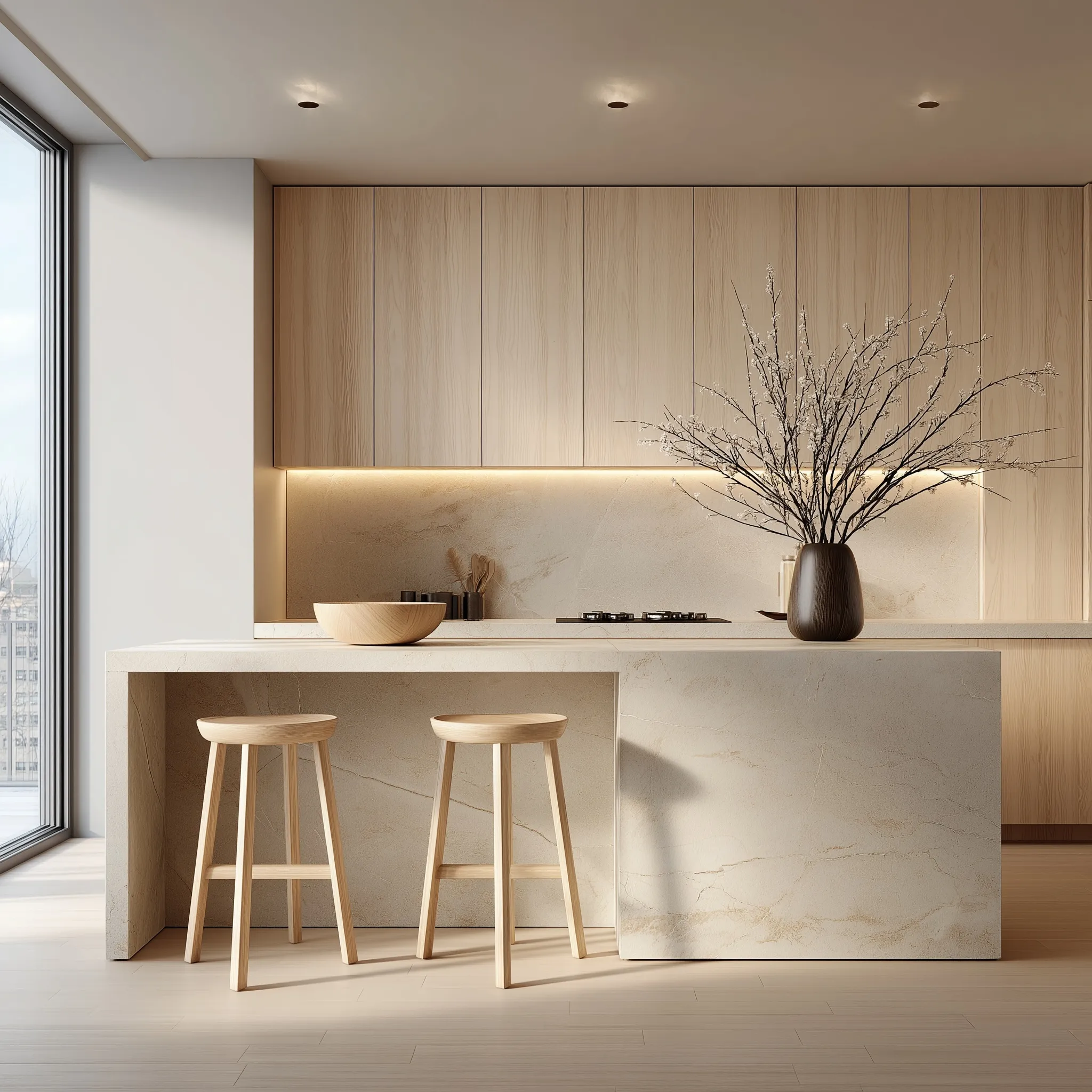 Modern minimalist kitchen with a marble island, light wood cabinetry, and warm natural lighting.