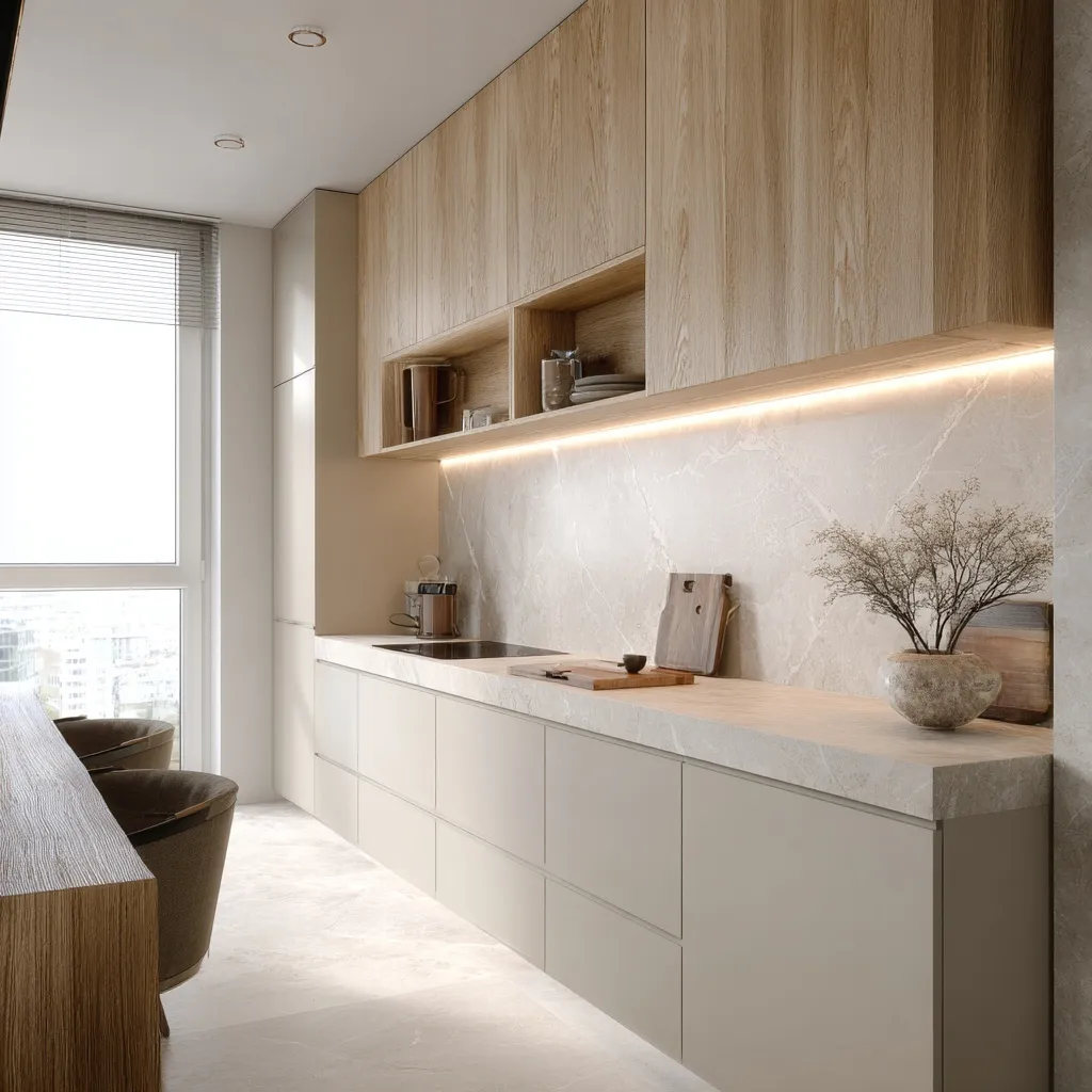 Modern minimalist linear kitchen with oak upper cabinets, matte beige lower cupboards, and warm integrated lighting.