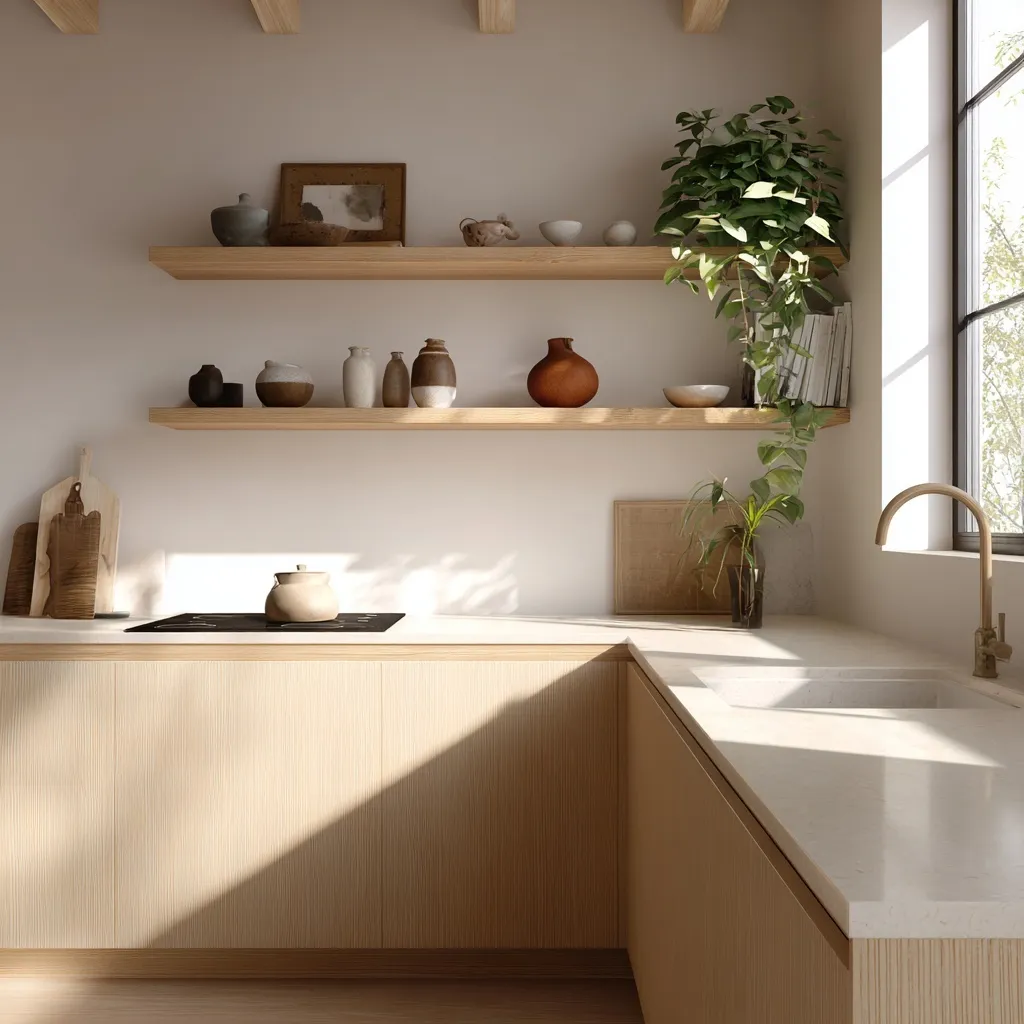 Bright minimalist kitchen interior with light wood accents, a simple shelf with pottery, and a green houseplant.