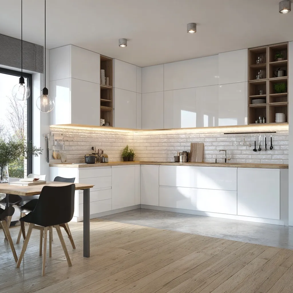 Minimalist small kitchen interior featuring Scandinavian design with functional cabinetry handles.