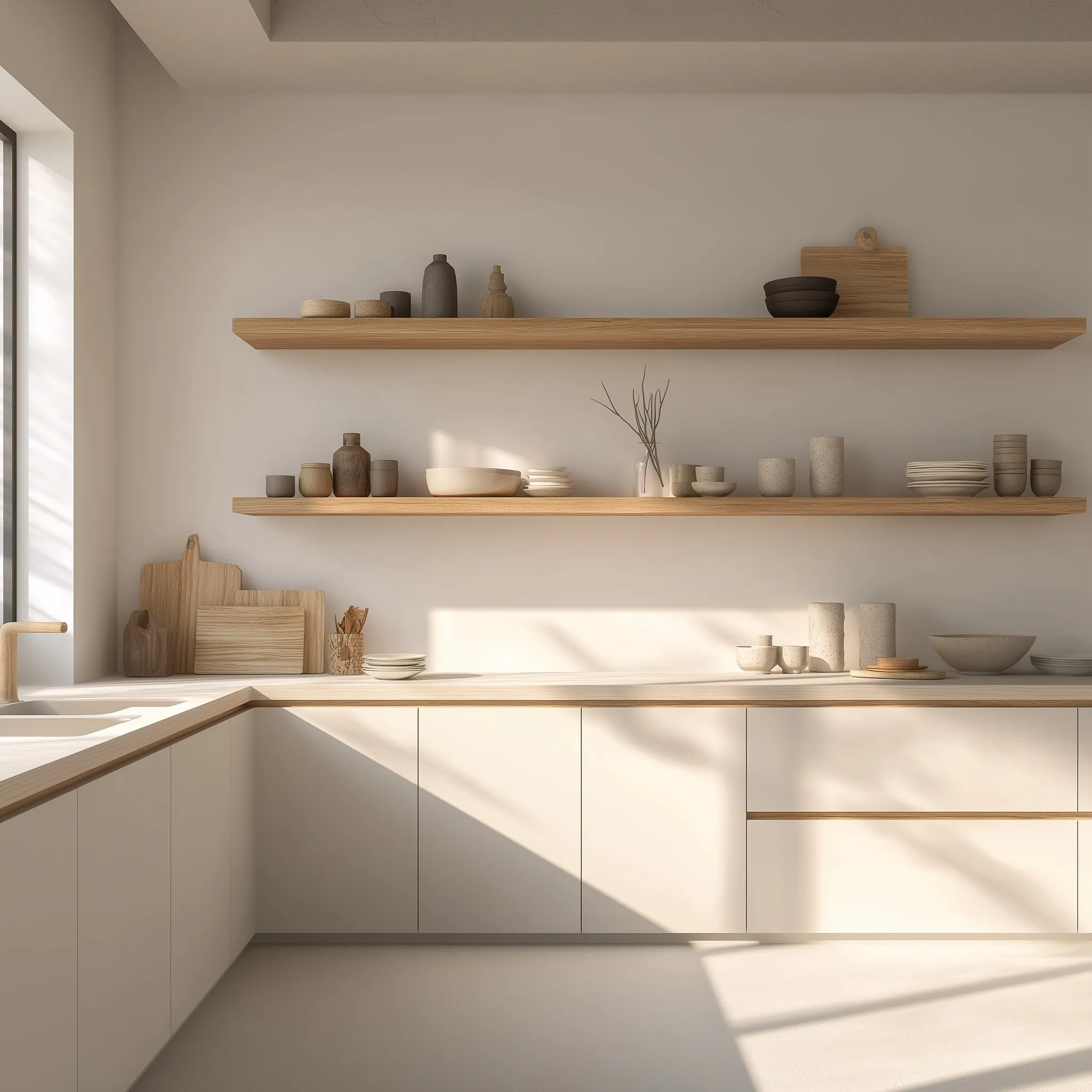 A bright, minimalist modern kitchen with matte white cabinets, wooden shelves, and soft natural sunlight.