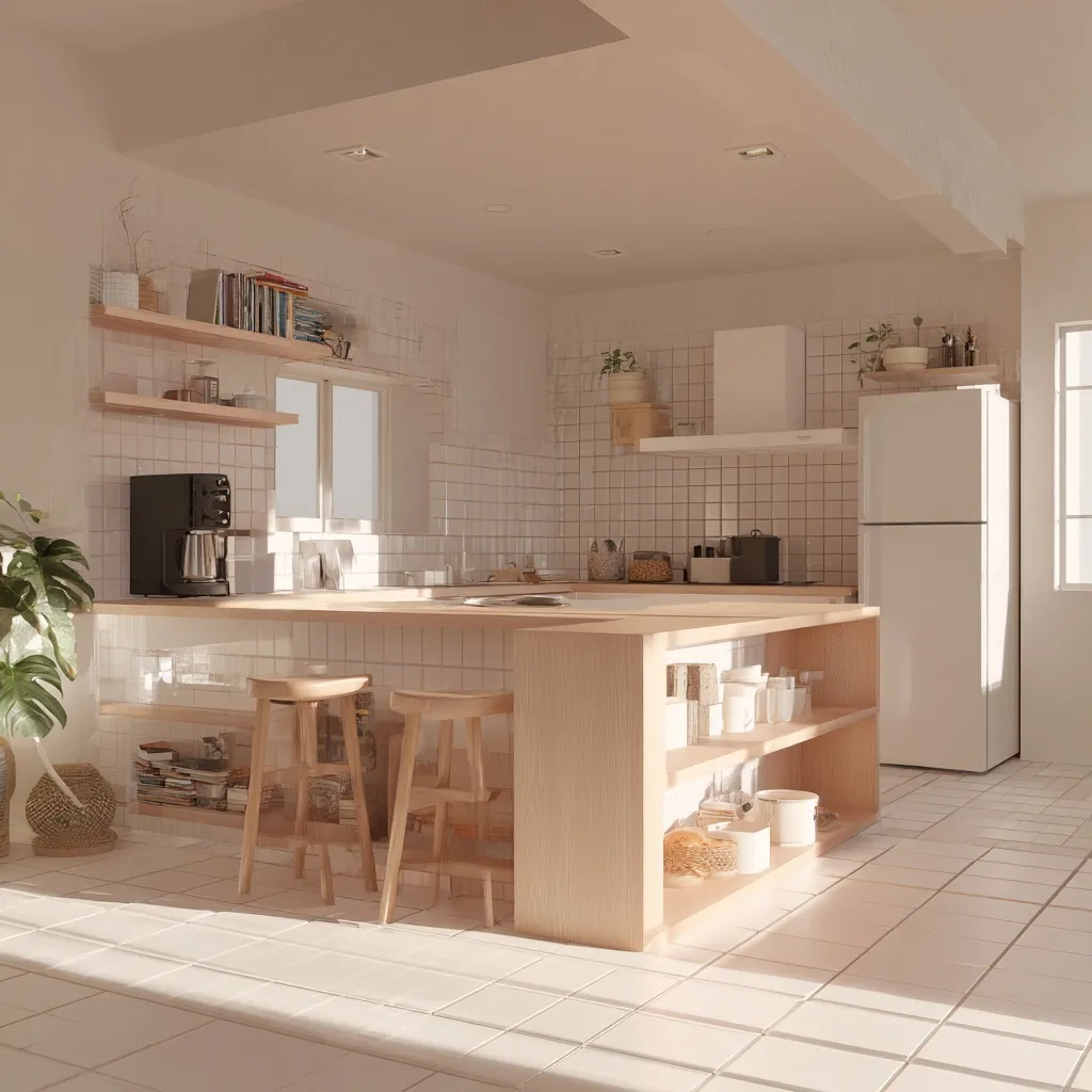 A modern, minimalist small kitchen with clean surfaces and soft natural lighting creating a calm, airy atmosphere.
