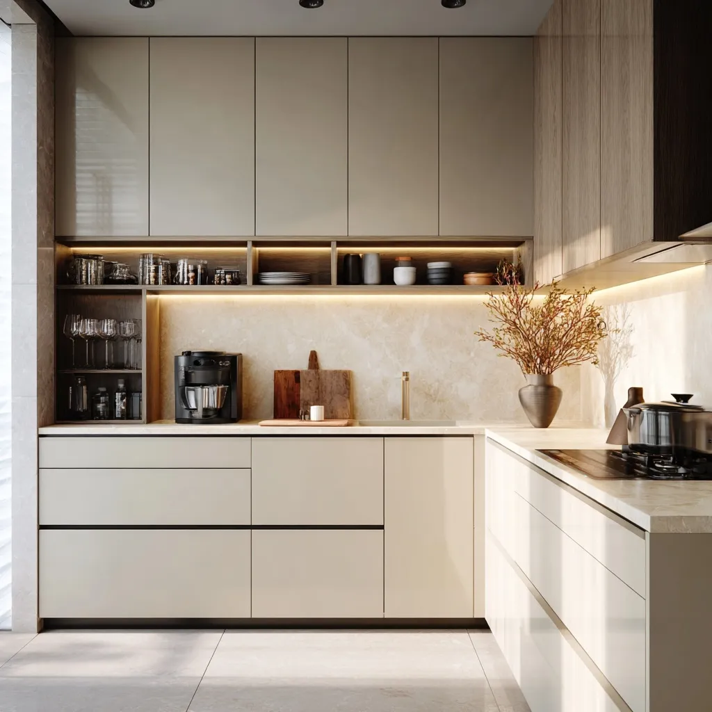 A modern, minimalist small kitchen with smart storage, clean geometric lines, and neutral tones in soft lighting.