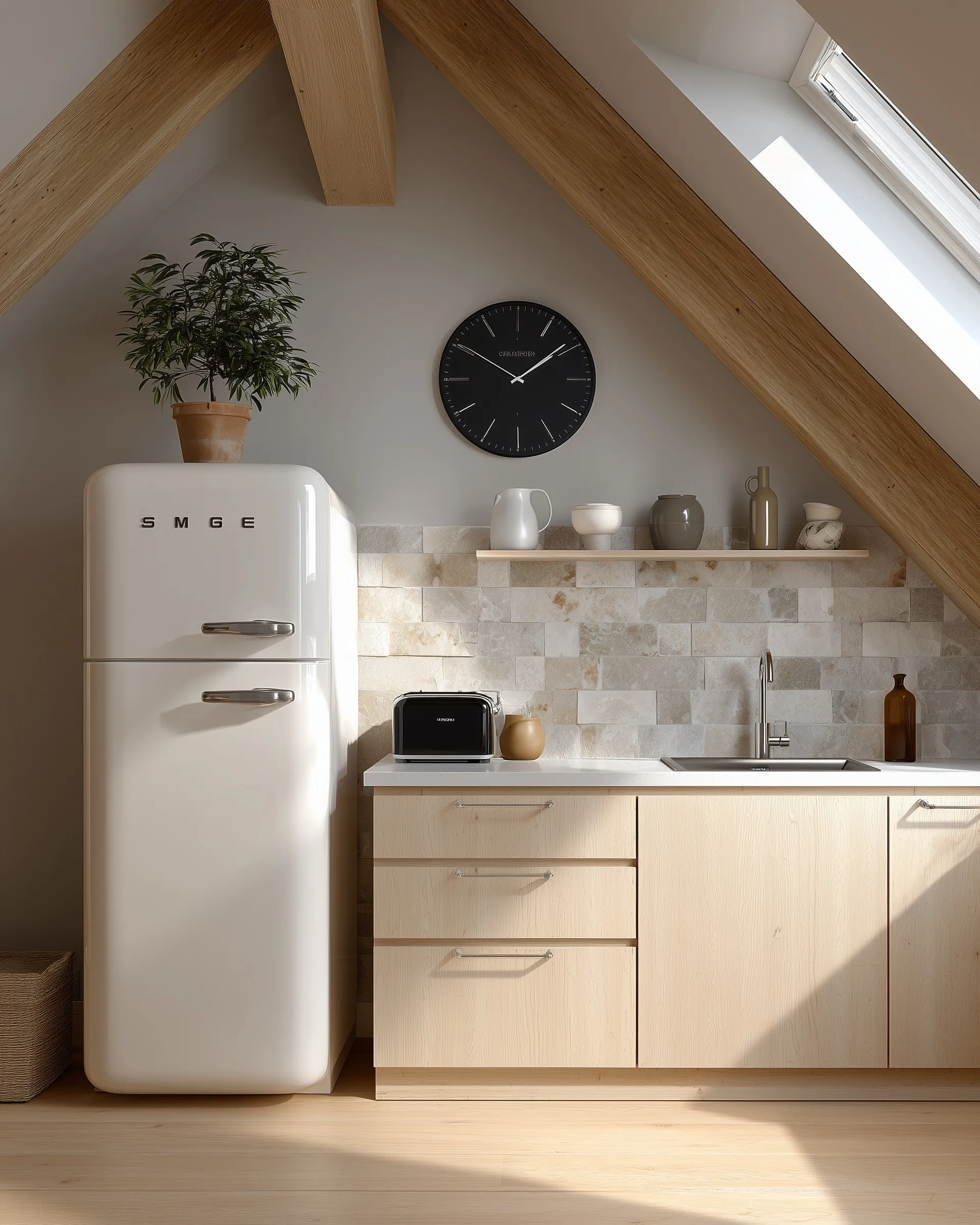 Minimalist Scandinavian attic kitchen with a vintage white retro fridge, wooden cabinets, and soft natural light.