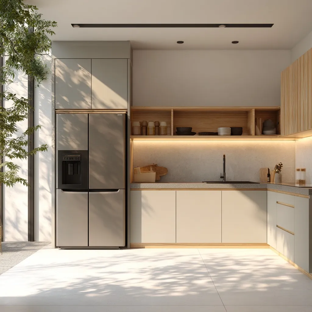 Modern minimalist beige kitchen with gray cabinets, light stone countertops, and warm ambient LED lighting.