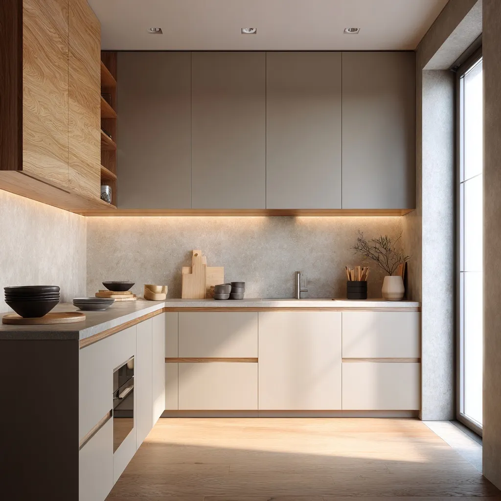 Modern minimalist small kitchen with matte beige cabinets, natural oak accents, and a light stone countertop.