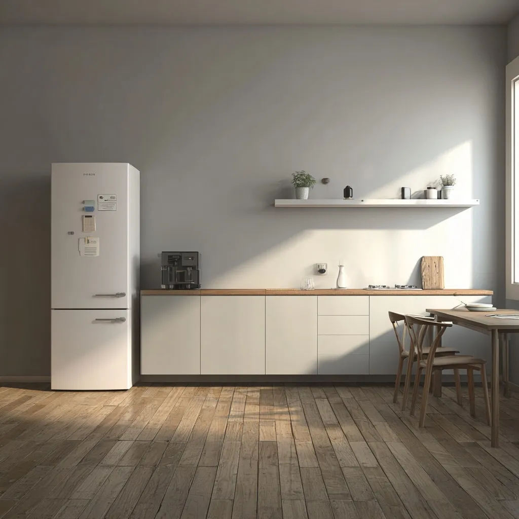 A bright, minimalist small kitchen featuring a sleek refrigerator with simple magnets in a clean, modern style.