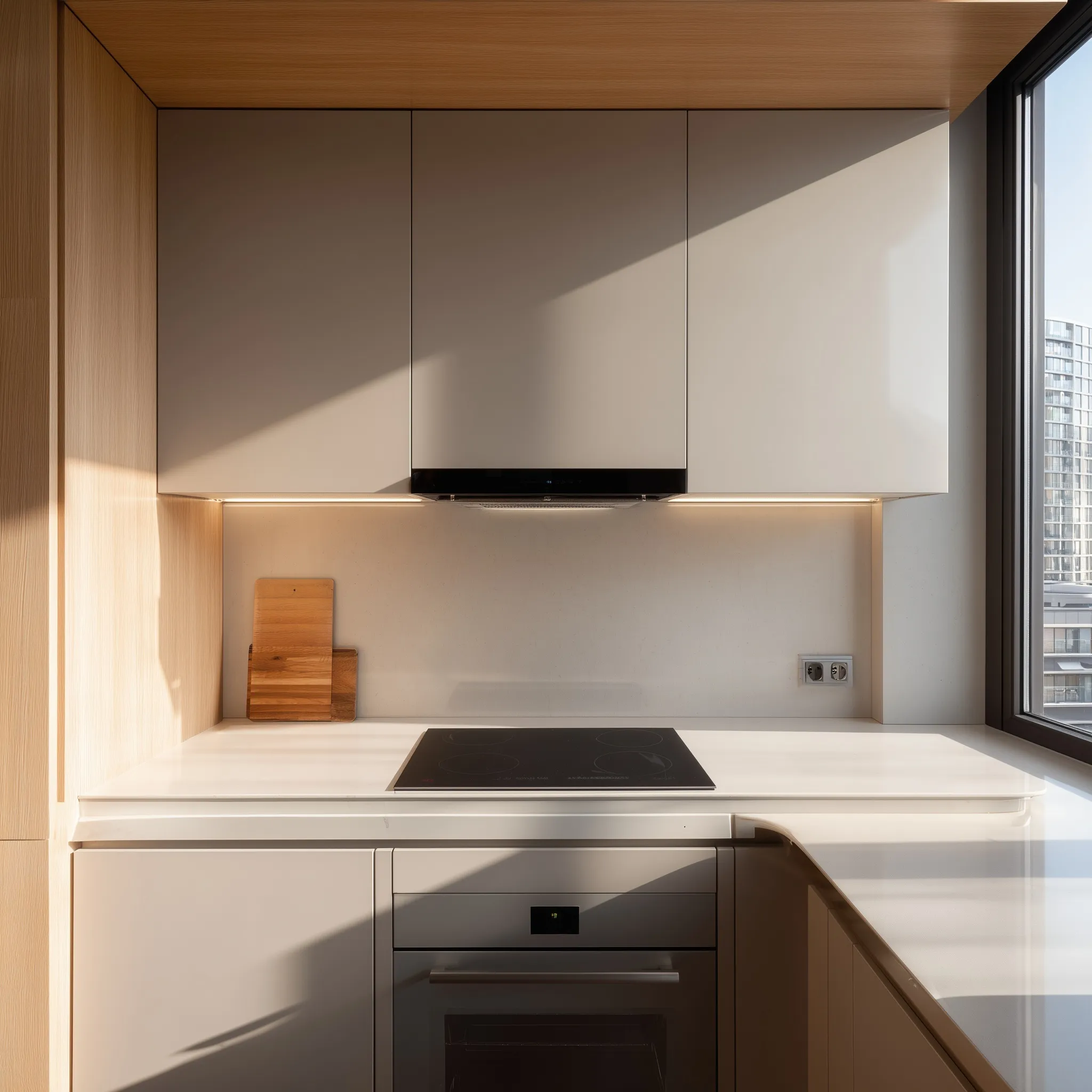 Minimalist kitchen interior in a contemporary city apartment with natural light and clean, modern surfaces.