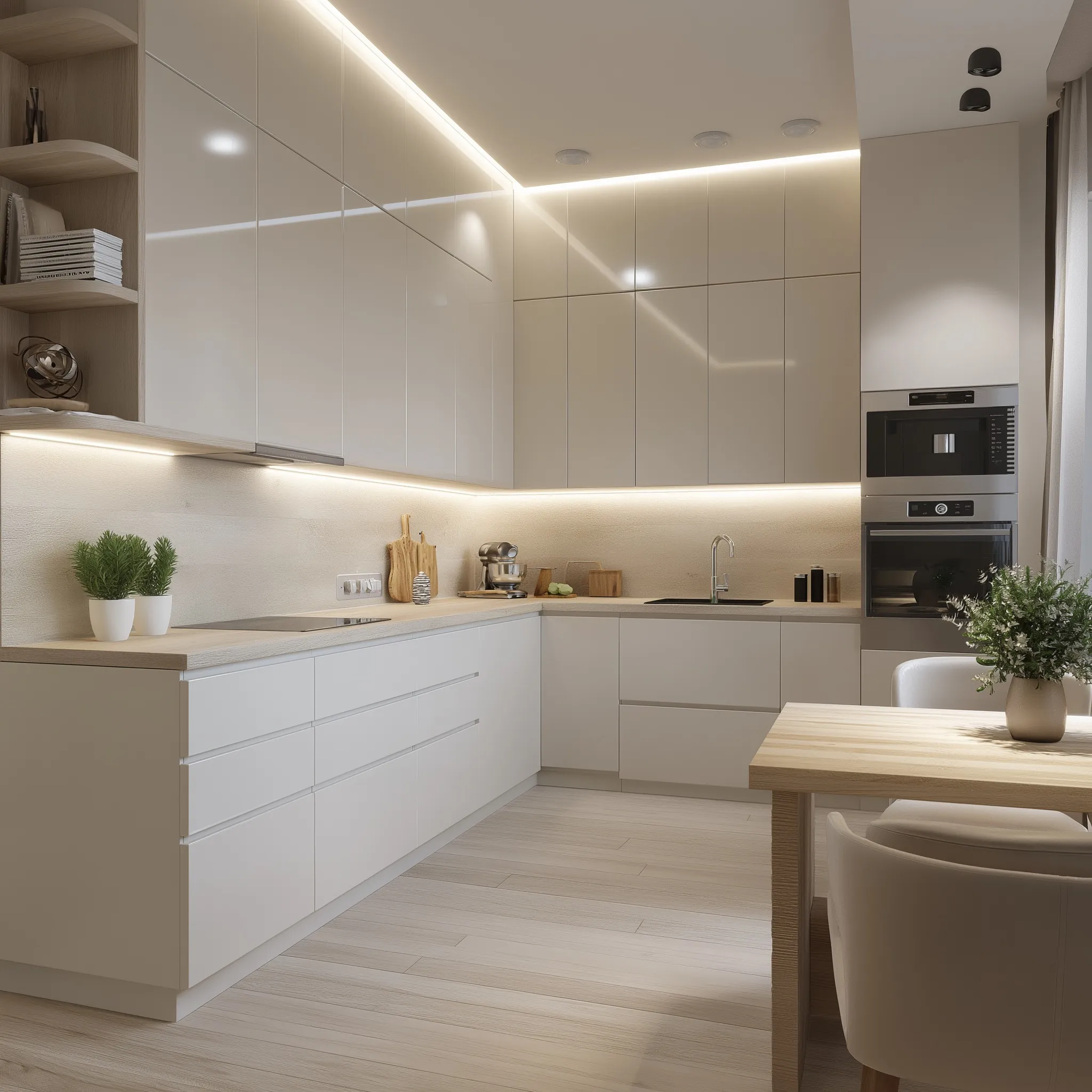 Modern minimalist small L-shaped kitchen interior with light wood cabinets, beige tones, and integrated LED lighting.