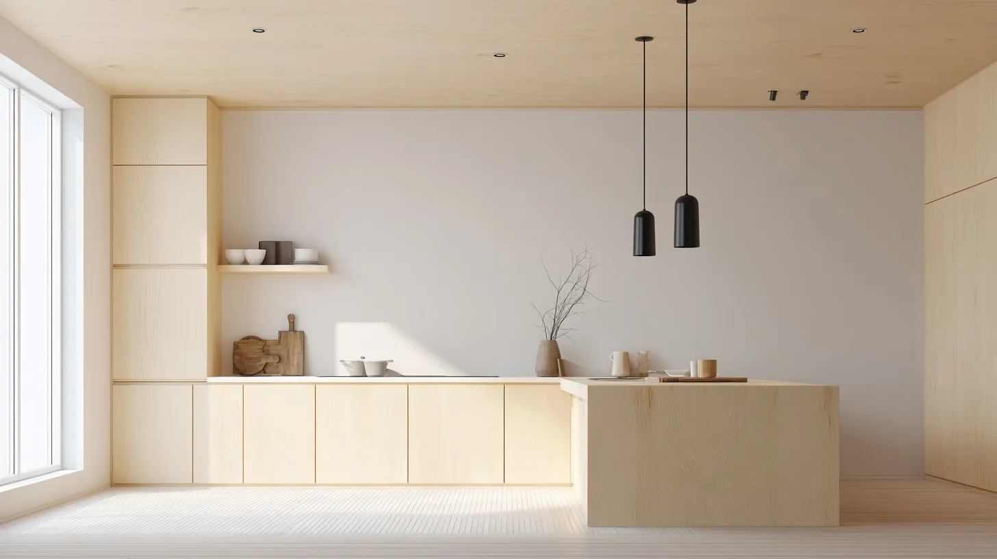 Modern Scandinavian minimalist kitchen with empty off-white wall for product compositing and light wood cabinets.