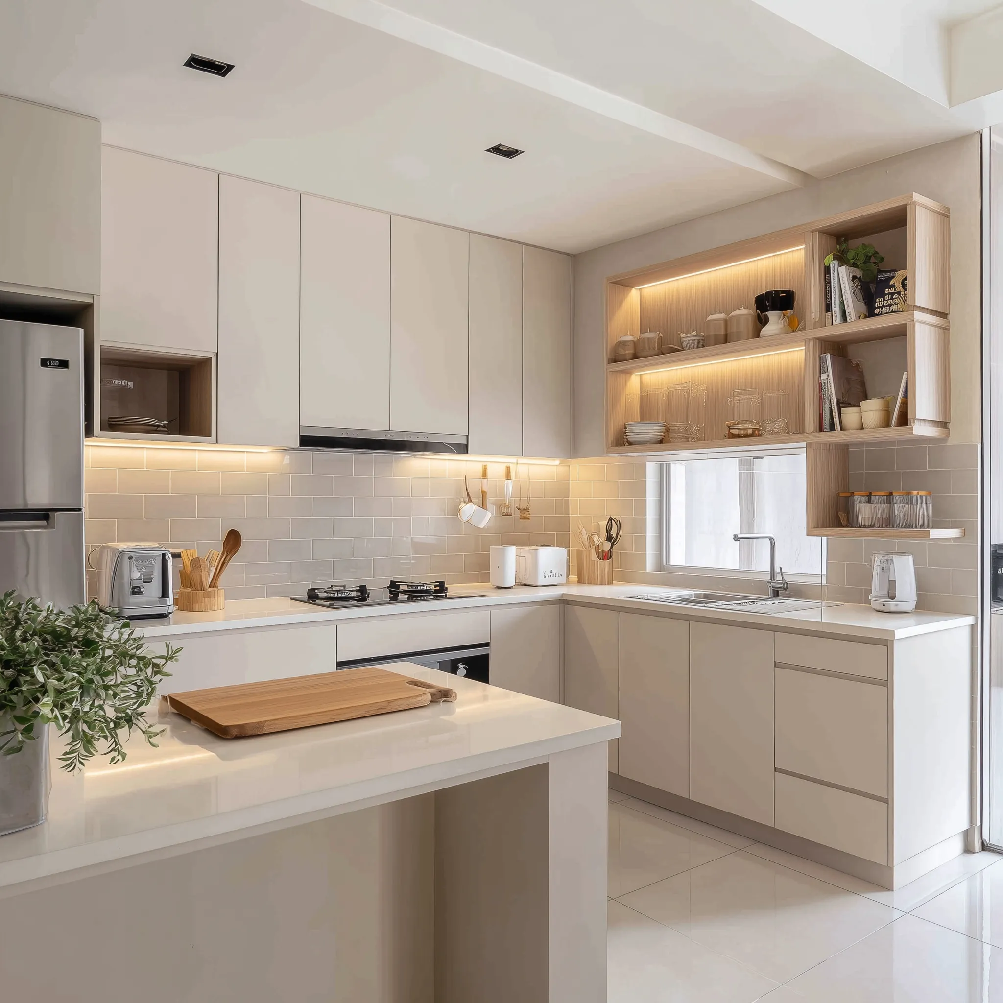 Minimalist Japandi small kitchen design with clean beige and off-white aesthetic in a functional Indonesian home.