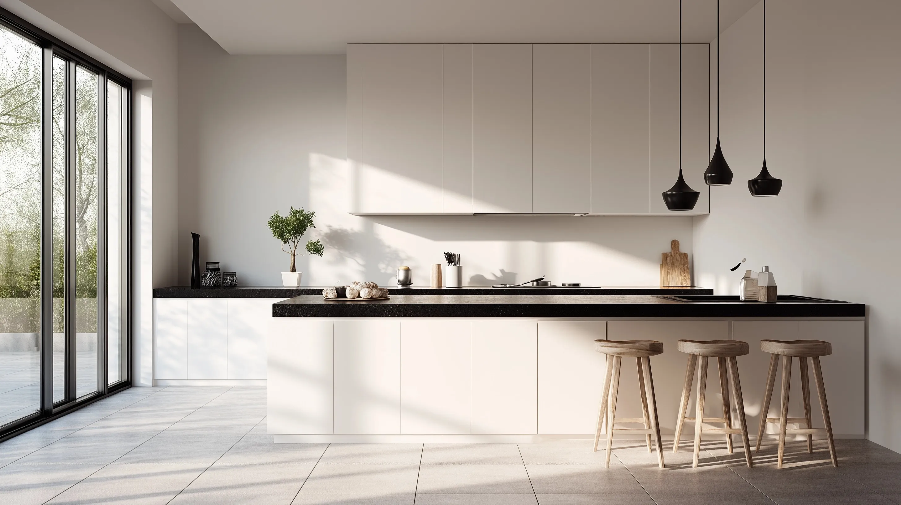 Modern minimalist kitchen with white matte cabinets, black stone countertops, and clean white tile flooring.