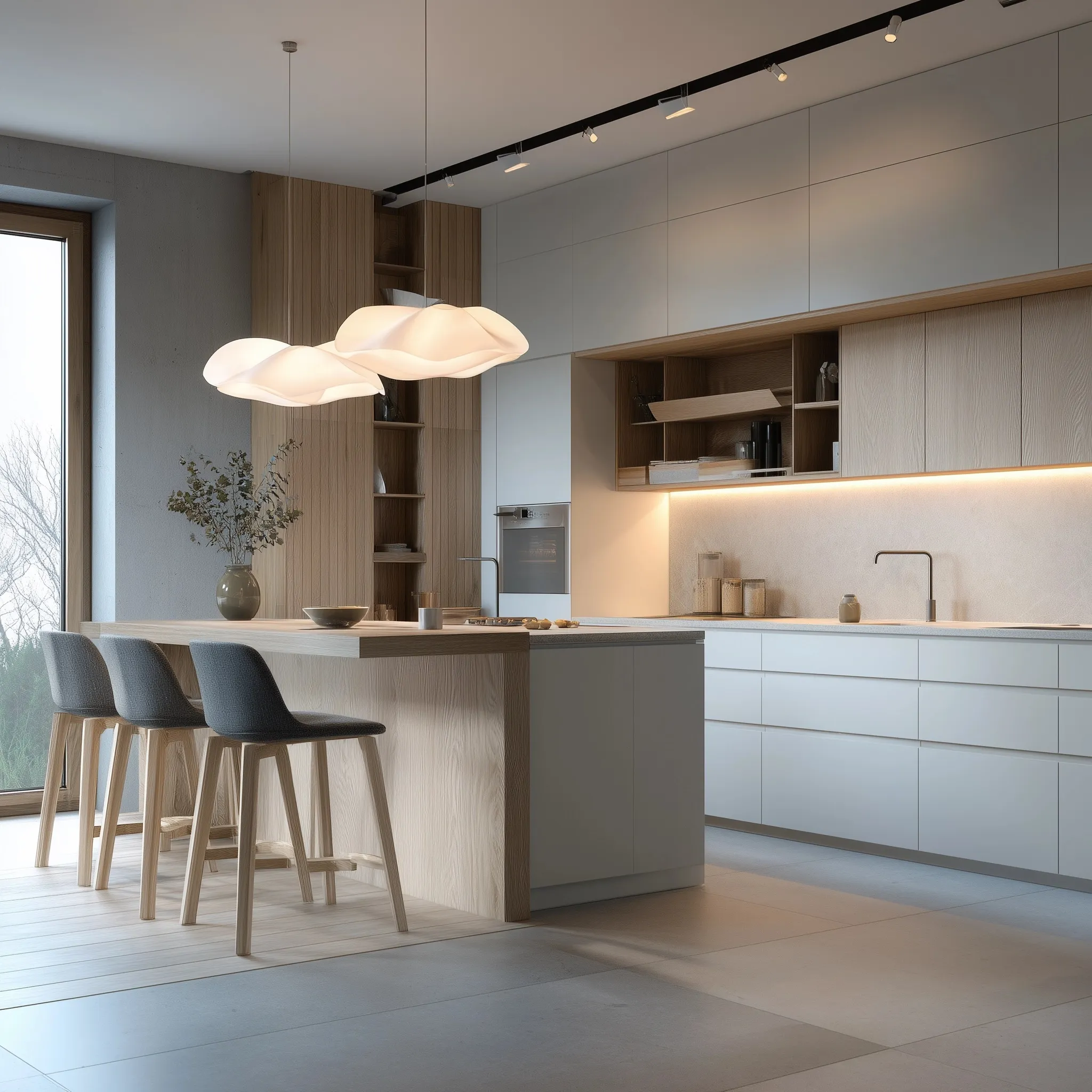 Modern minimalist kitchen in frost white and light wood with warm pendant lighting and soft cinematic shadows.