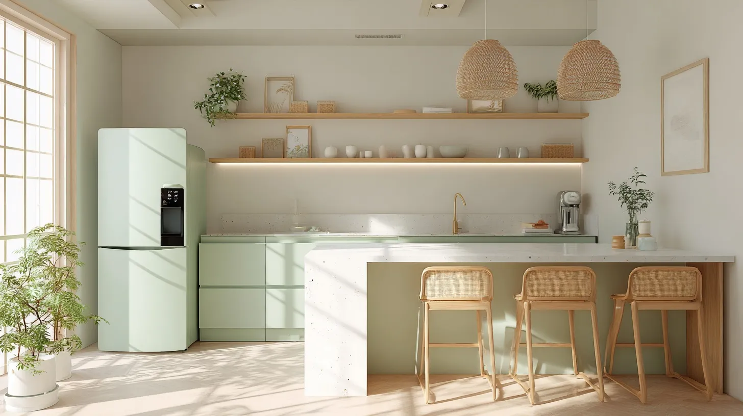 Minimalist kitchen with mint green matte cabinets, terrazzo breakfast bar, and soft lighting.