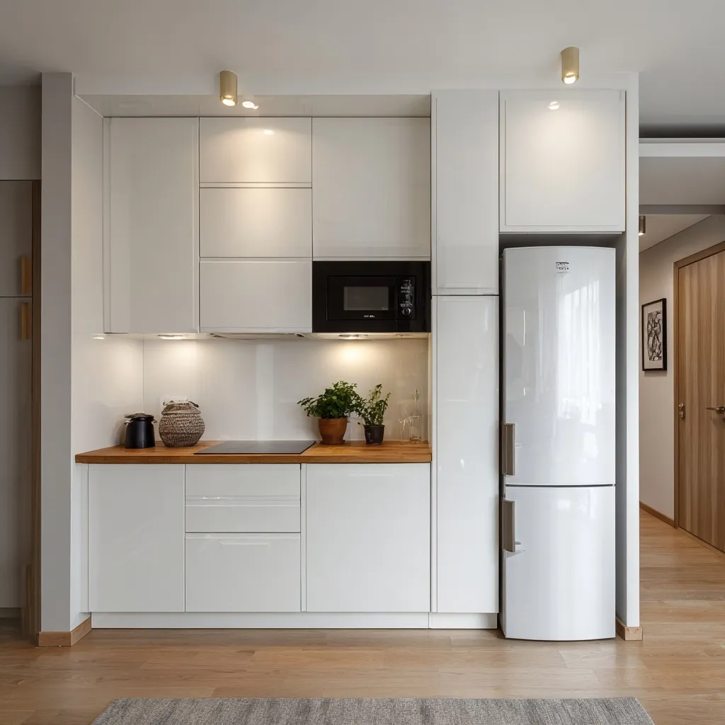 Minimalist white compact kitchen featuring a wooden countertop, refrigerator, and microwave in a bright home interior.
