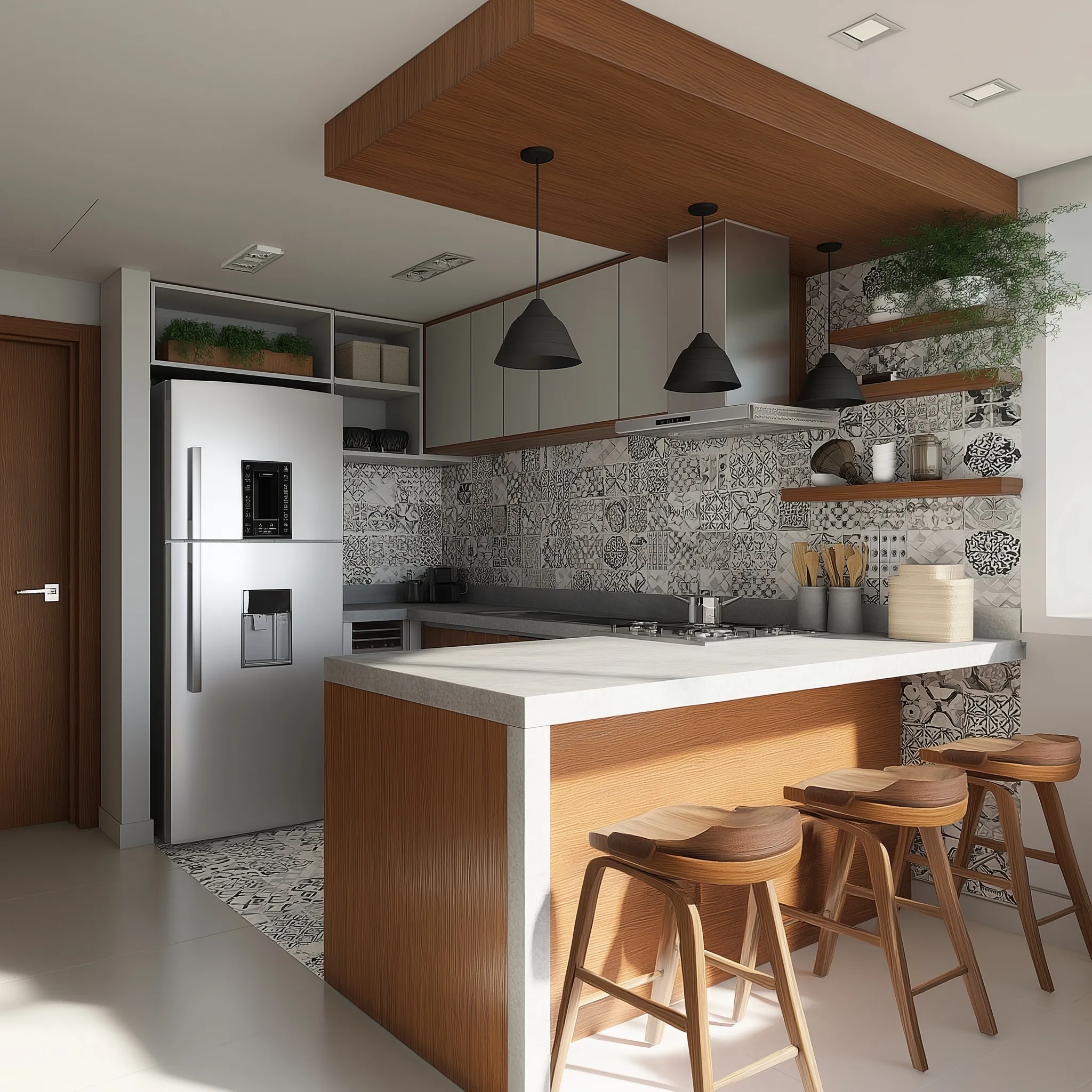 A single stool facing a sleek island in a modern, minimalist kitchen aesthetic.