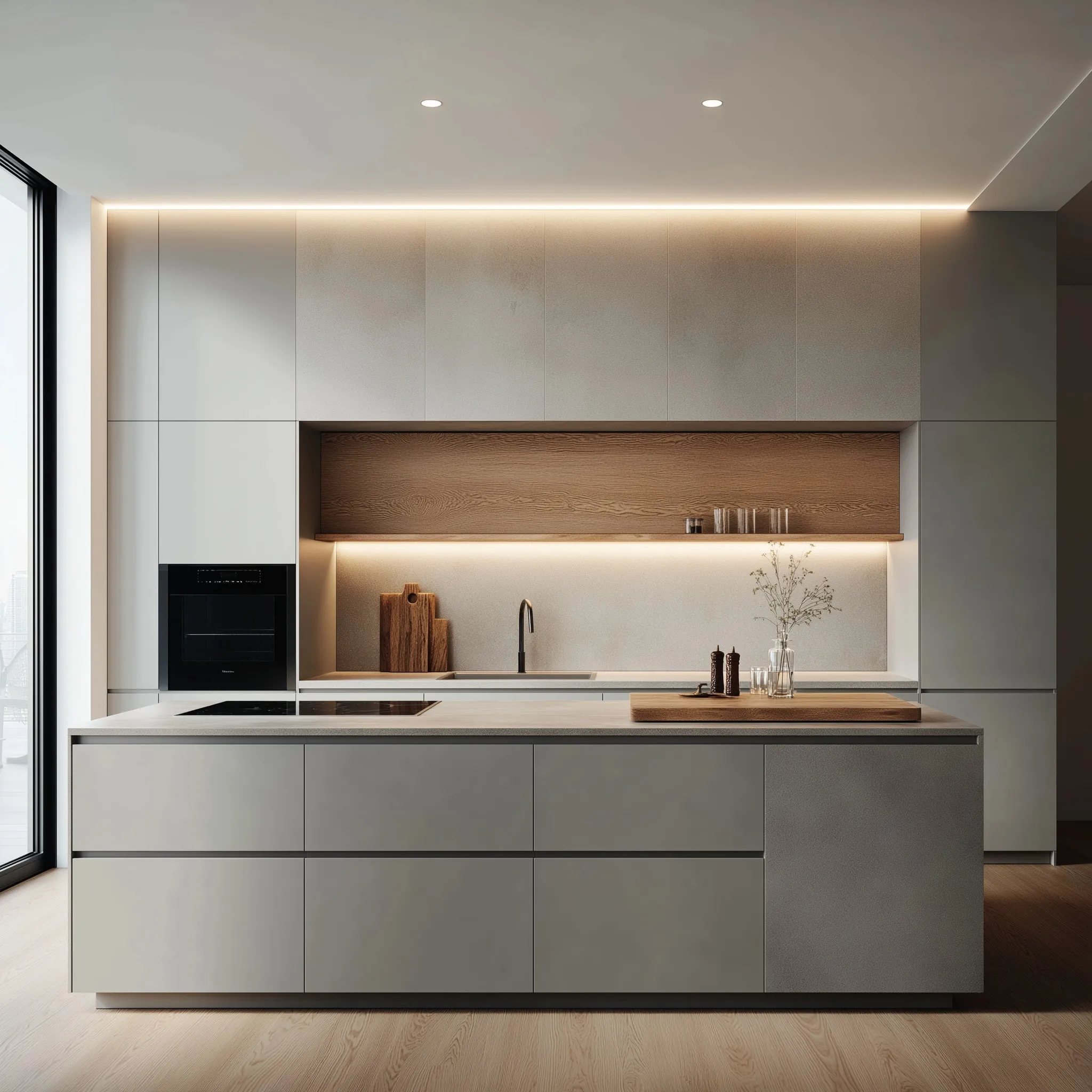 Modern minimalist kitchen with matte grey countertops, sleek cabinetry, and natural wooden elements in soft light.