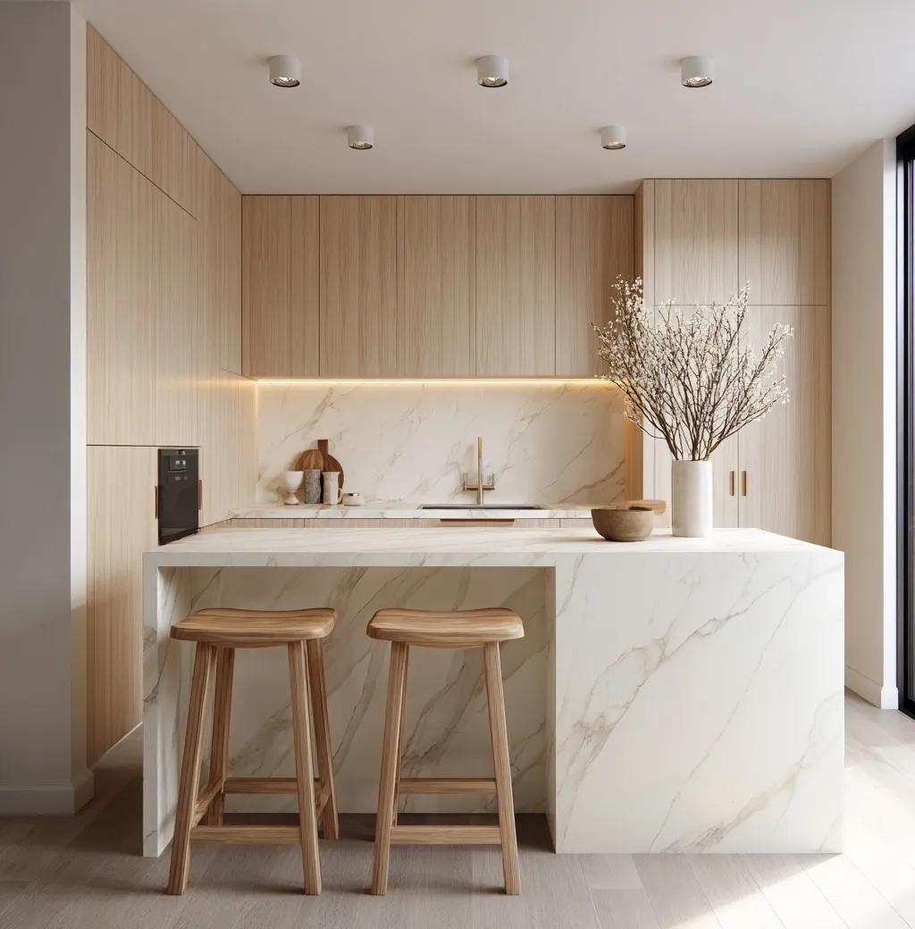Minimalist small kitchen with light wood cabinets, white marble countertops, and warm ambient lighting.