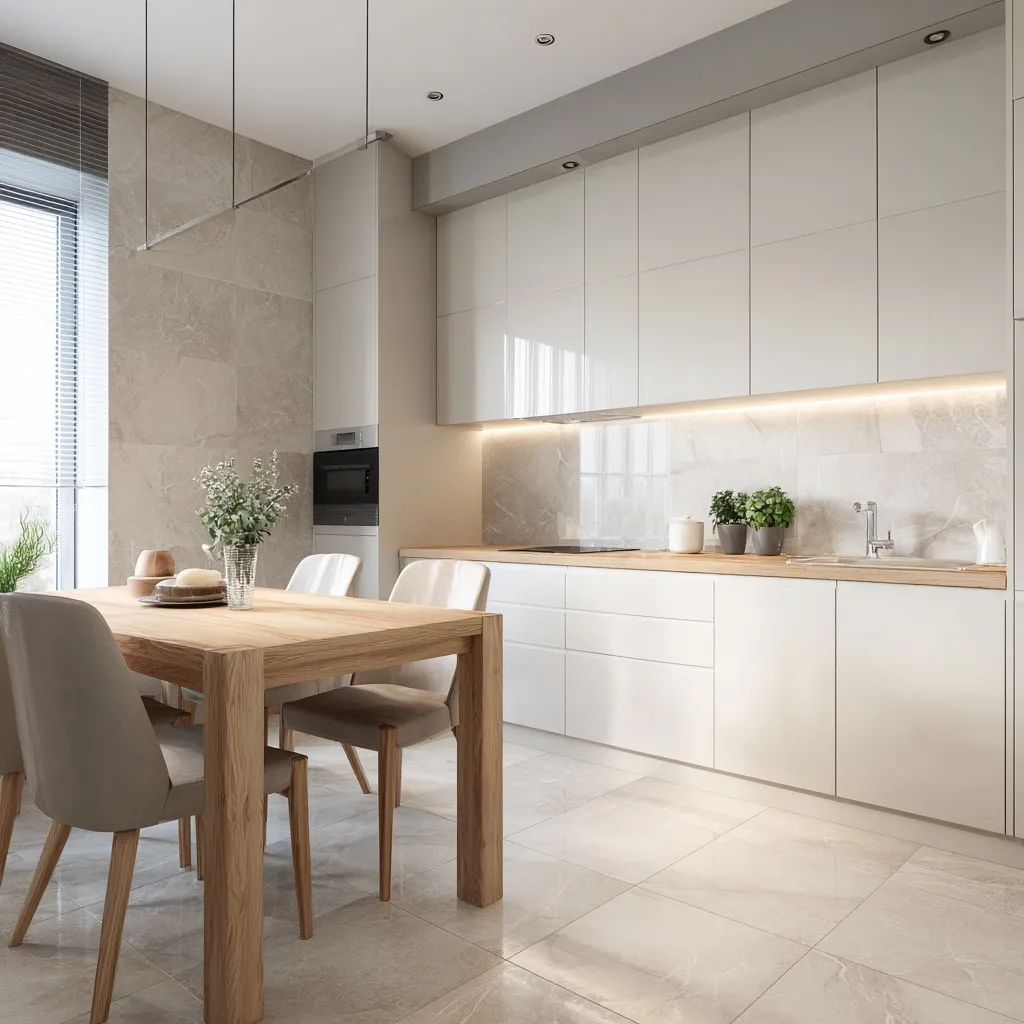Minimalist small corner kitchen with white cabinets, light wood dining table, and modern grey ceramic floor tiles.