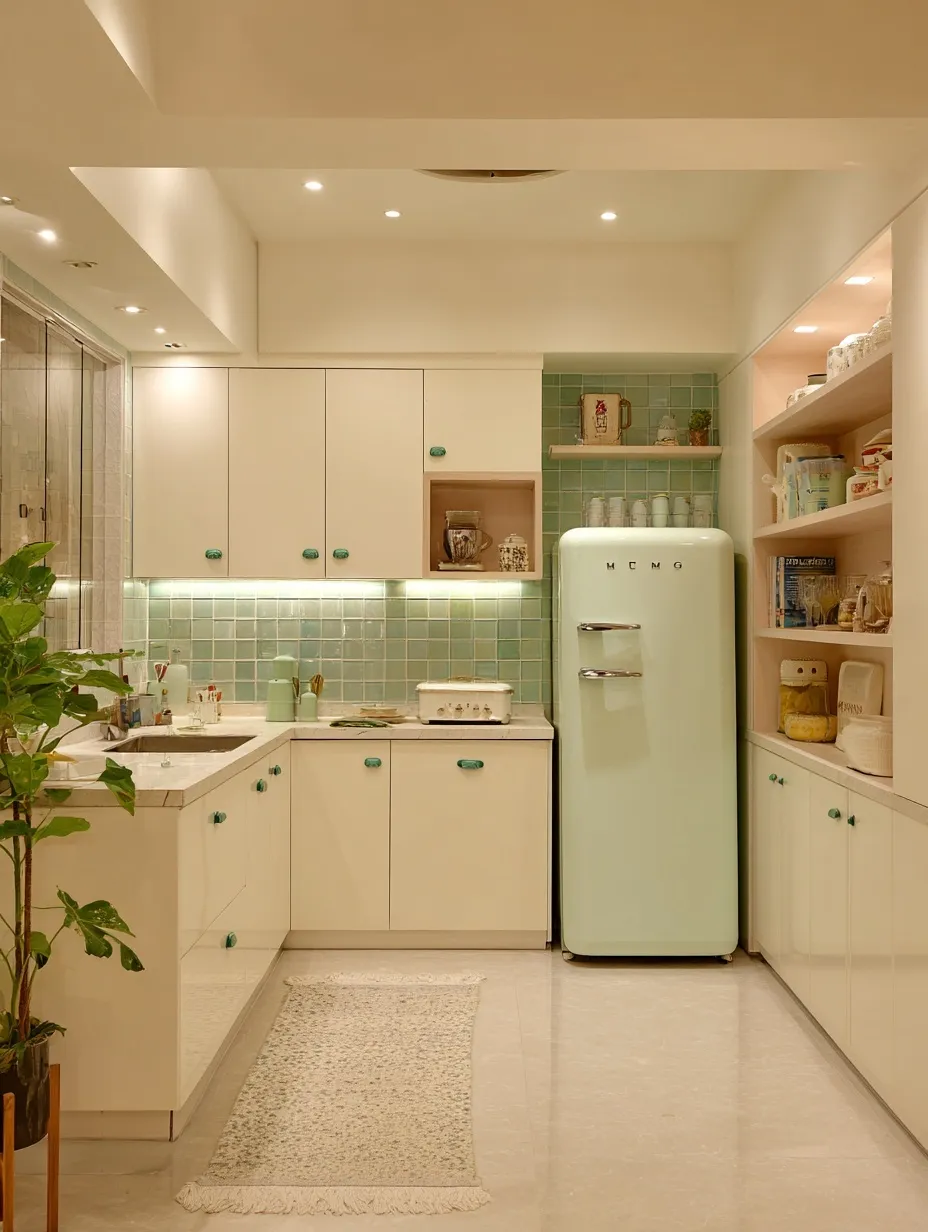 Minimalist small kitchen with cream cabinets, mint green accents, tiled backsplash, and pastel kitchenware.