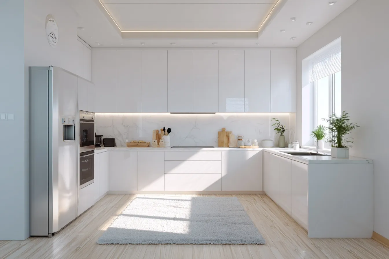 Modern minimalist small kitchen interior with clean white cabinetry and bright, contemporary aesthetic.