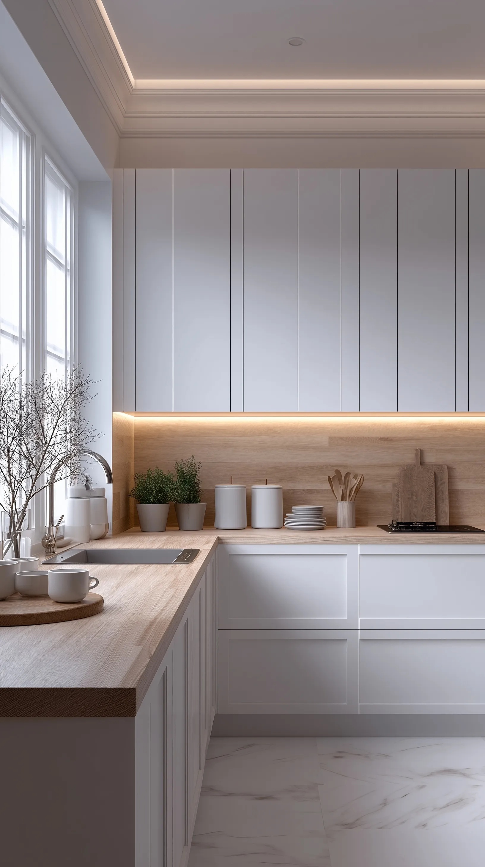 Minimalist small kitchen interior featuring clean lines, neutral tones, and organized modern kitchen decor.