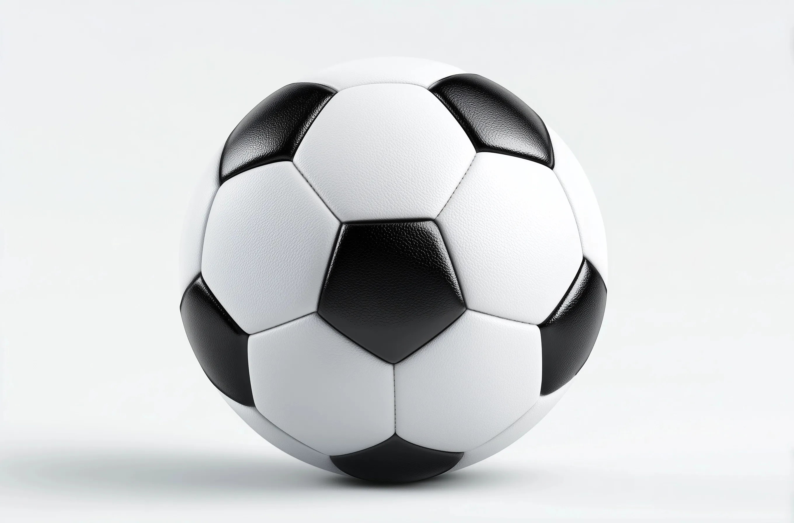 A sleek, modern black leather soccer ball isolated on a clean white background, high-resolution studio photography.