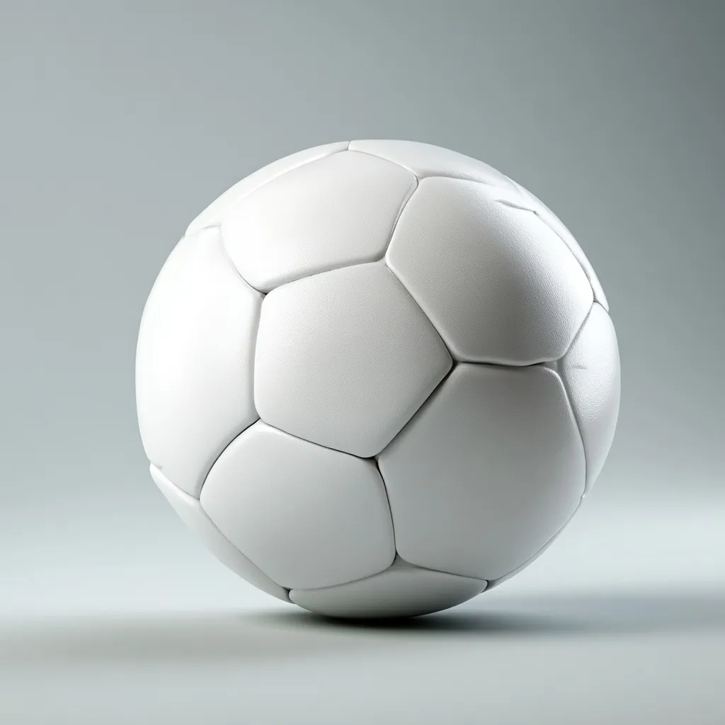 A minimalist 3D white soccer ball centered on a smooth grey background with soft studio lighting.